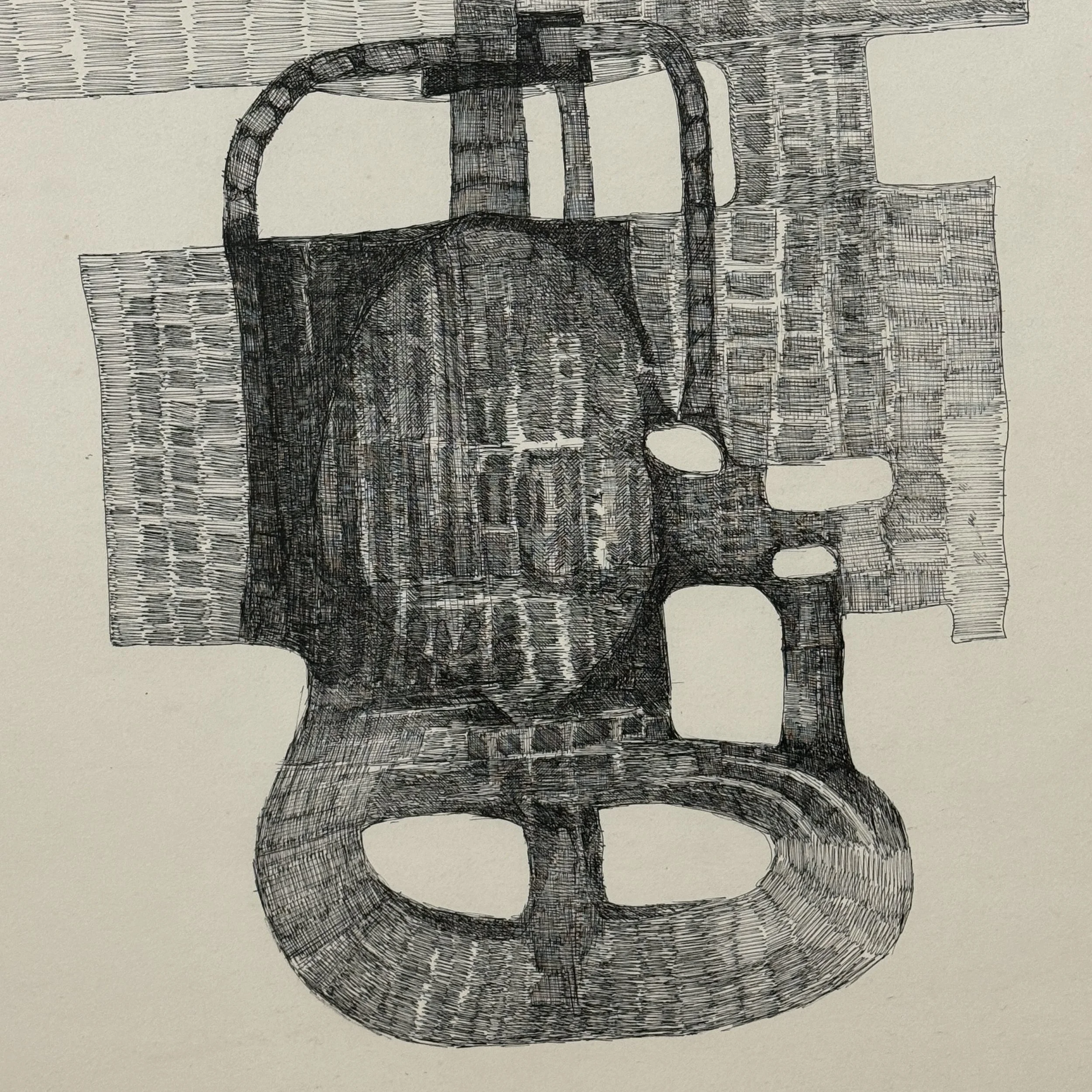 Detail of the pen drawing showing organic, curvilinear forms.