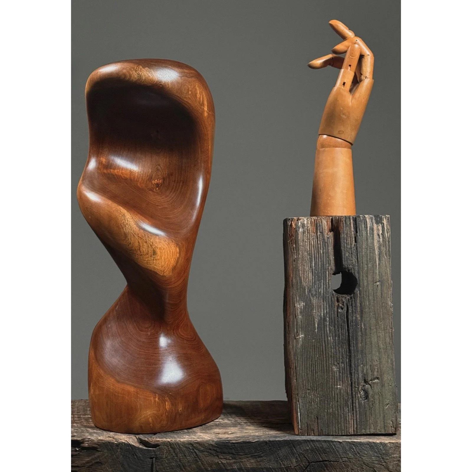 Mid-century abstract wood sculpture with organic curves and Miró-inspired biomorphic design