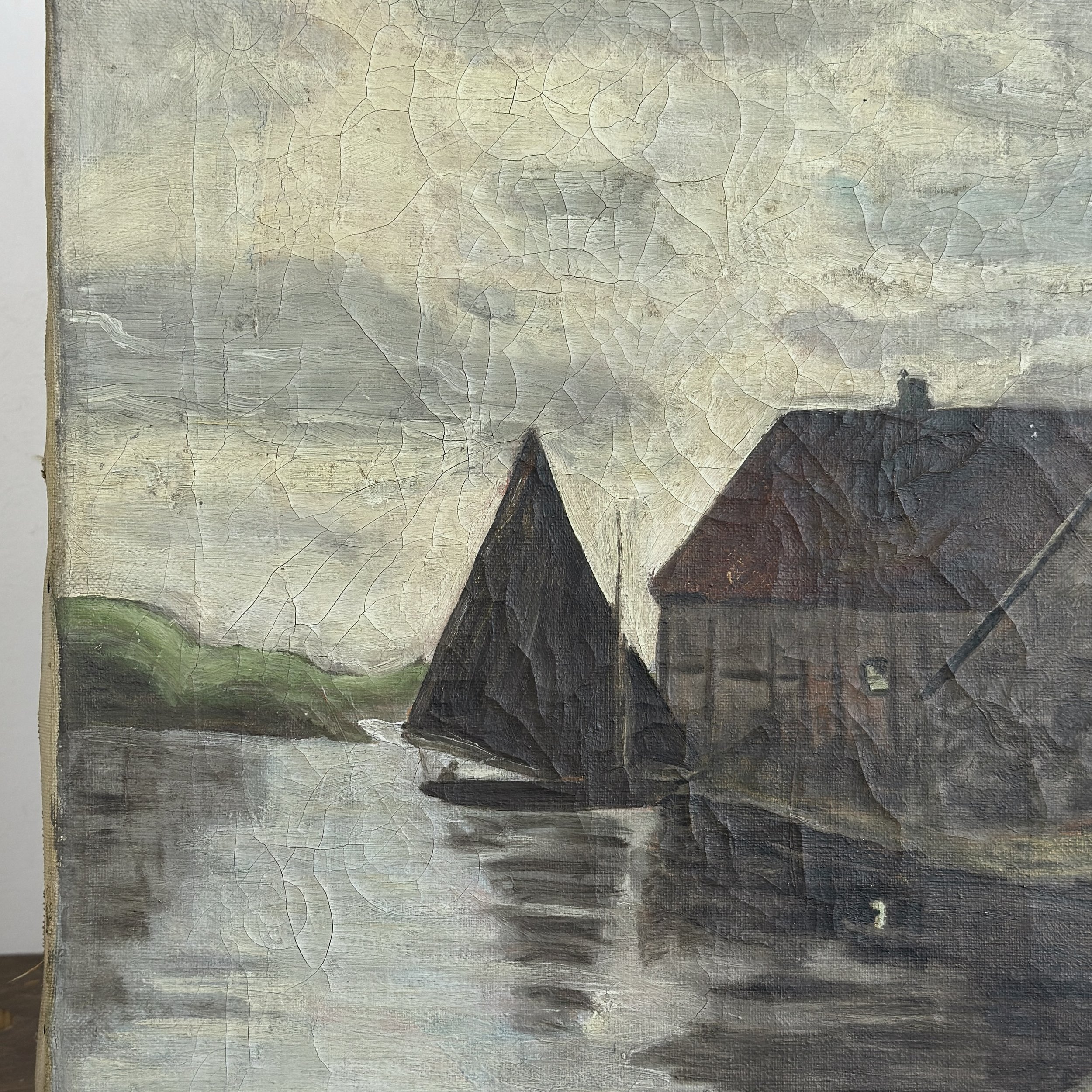 Close-up detail of black sailboat in antique Danish Folk Art seascape, oil on canvas