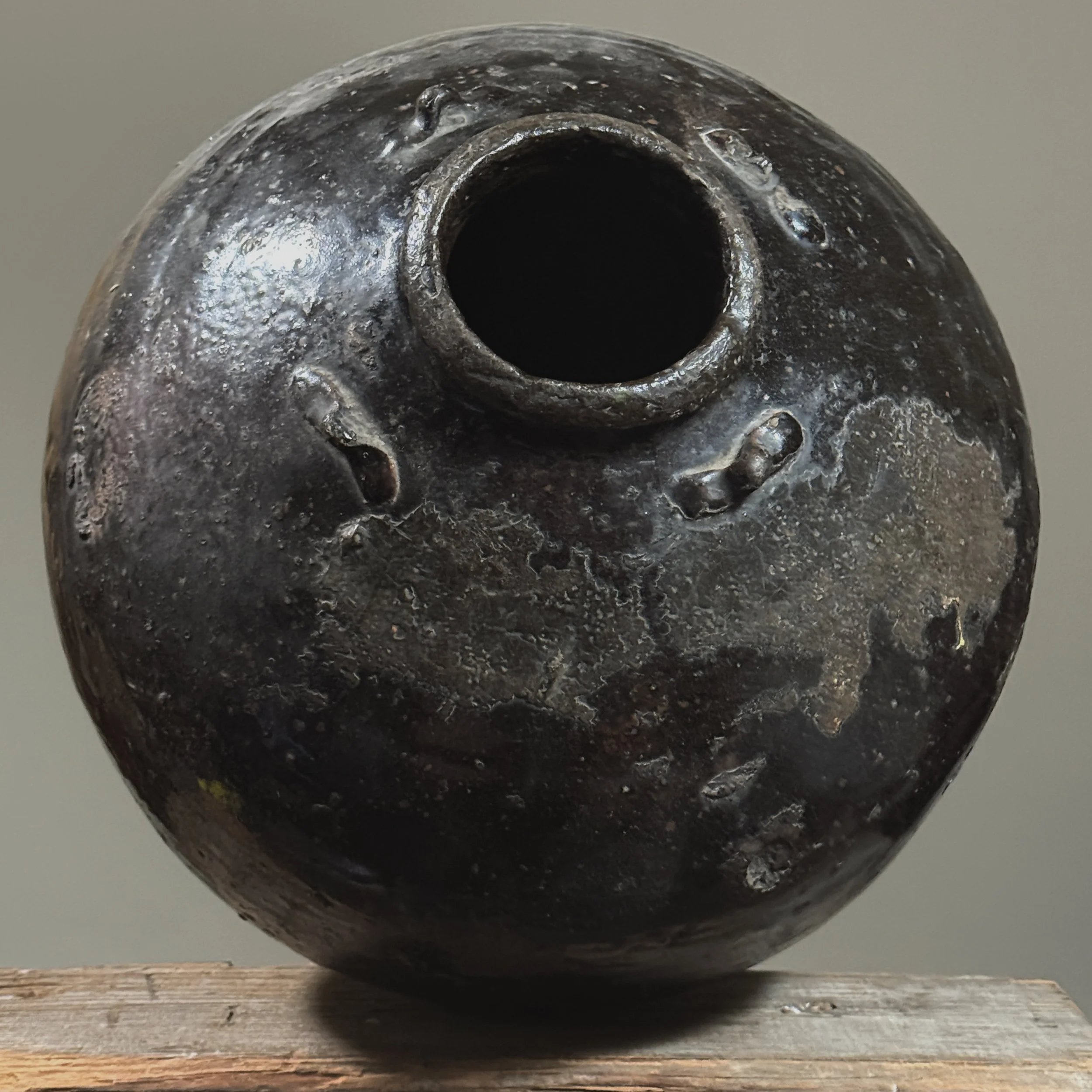Overhead view of antique Chinese ceramic jar opening