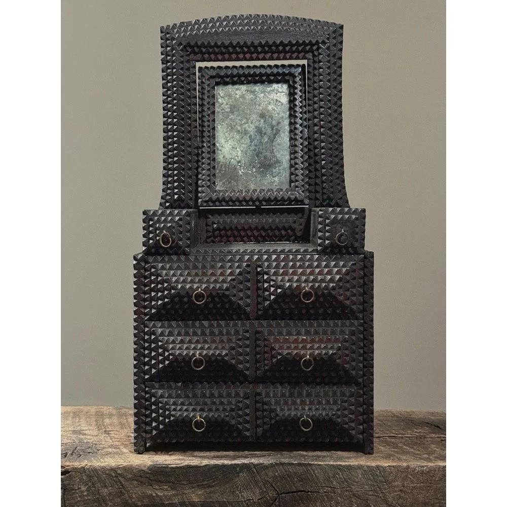 Antique tramp art tabletop dresser with mirror signed 1910