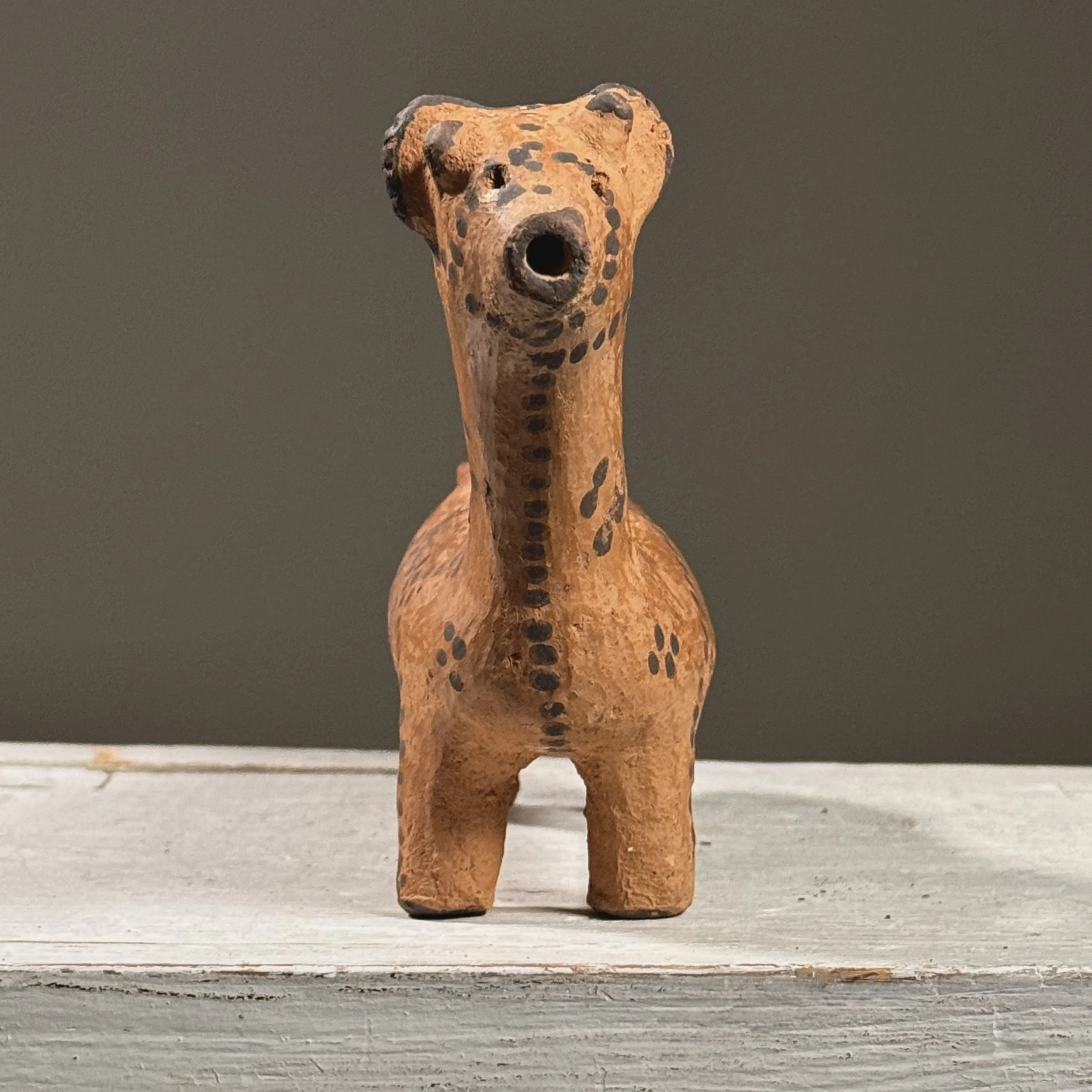 Vintage Persian folk art polychrome terracotta zoomorphic askos. 9 inches width by 5.5 inches height by 2.25 inches depth.