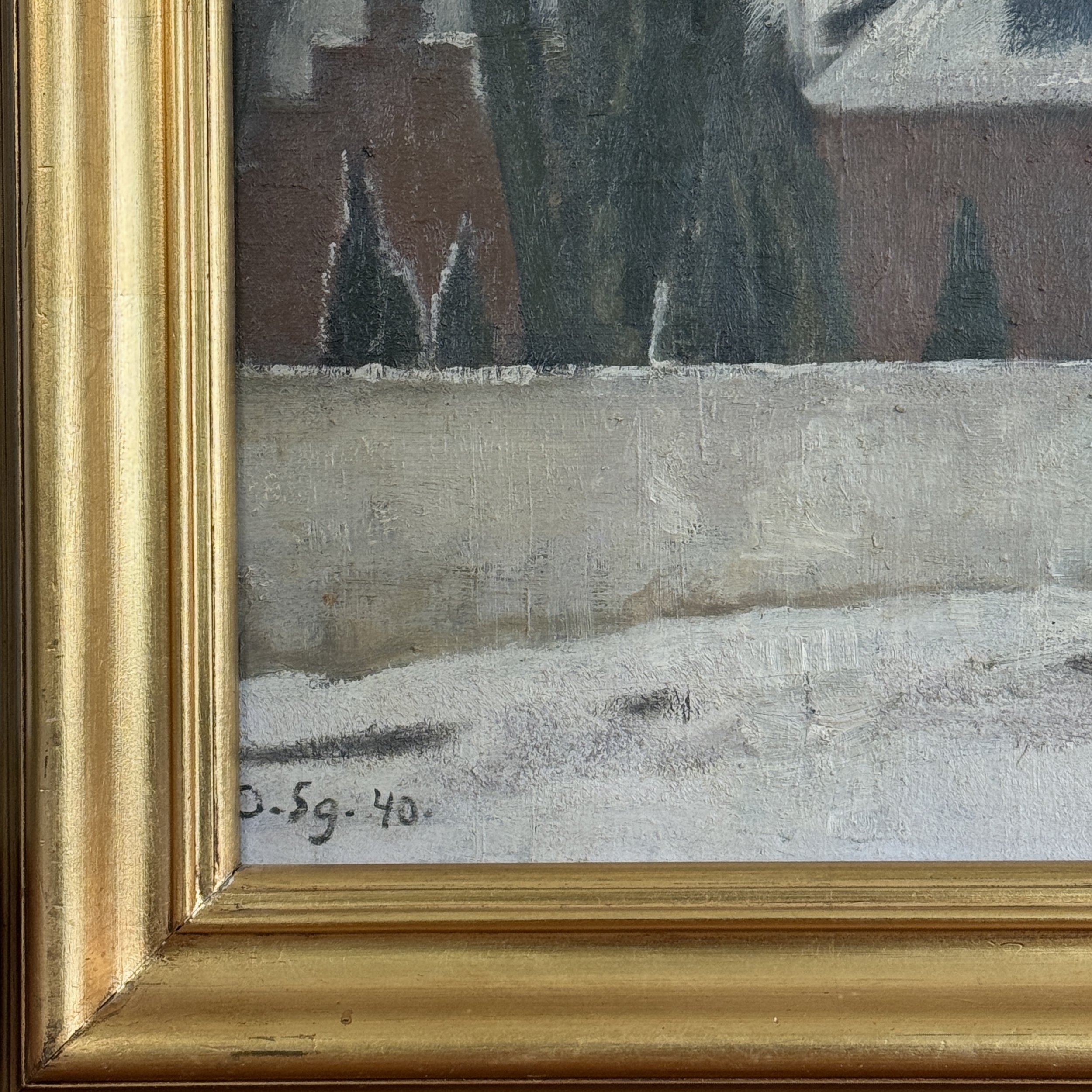 Close-up of signature on Ole Søndergaard 1940 winter landscape painting, oil on canvas