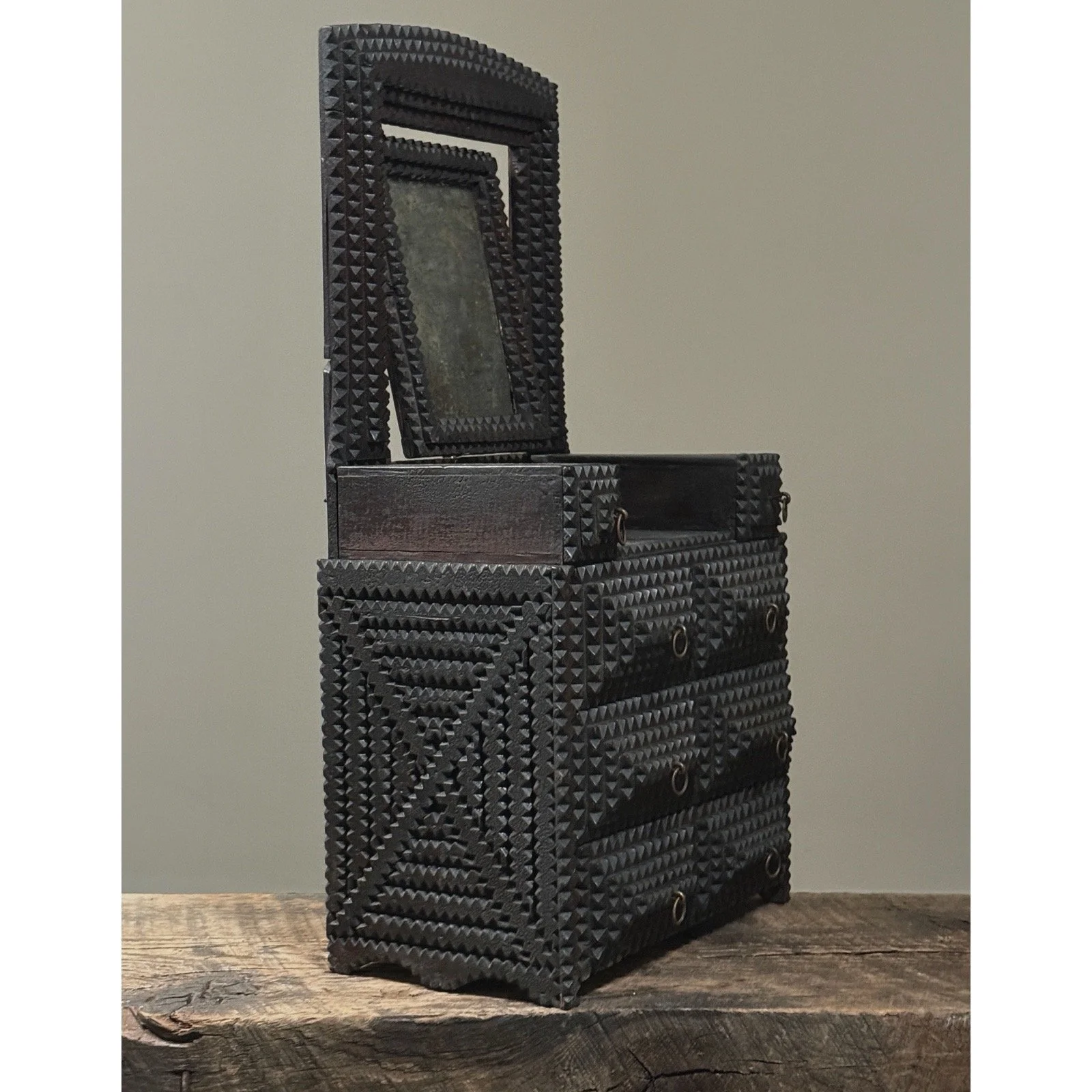 Antique tramp art tabletop dresser with mirror signed 1910, side view.