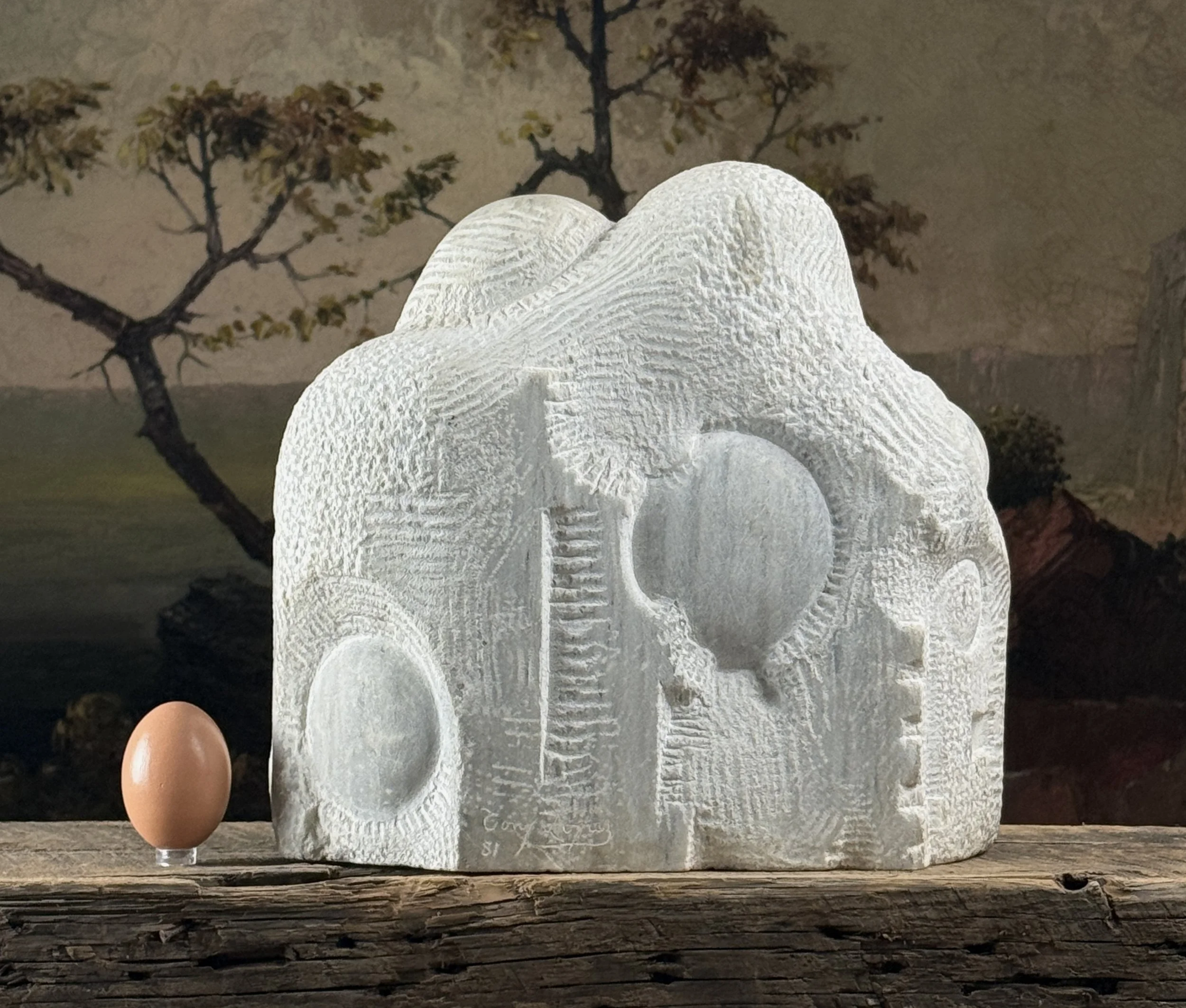 Vintage abstract modernist anthropomorphic marble sculpture, signed With egg for size reference