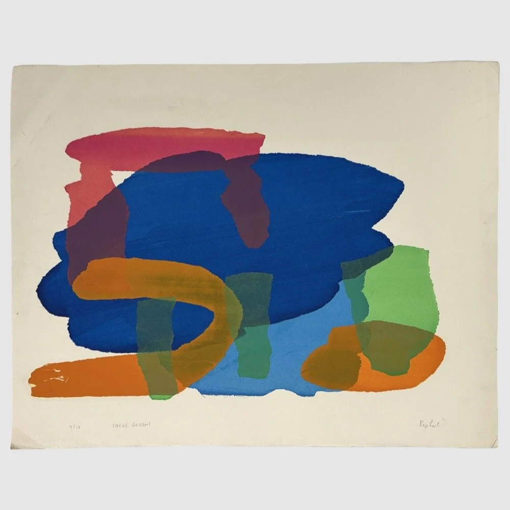 Vintage Abstract Postmodernist screenprint titled Three Greens. 28.5 inches wide by 22.5 inches tall.