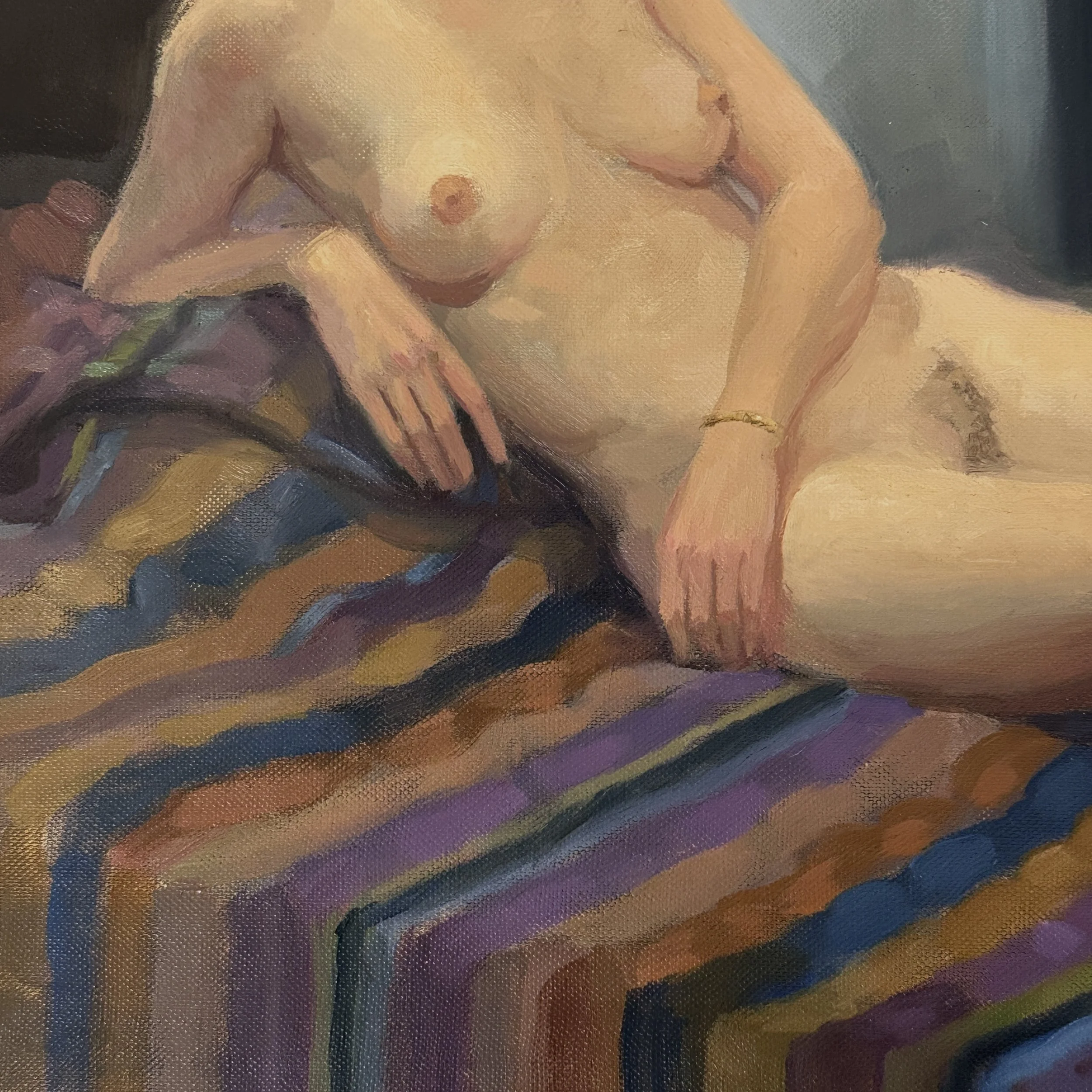 Torso and leg detail. Reclining pose. Oil painting.