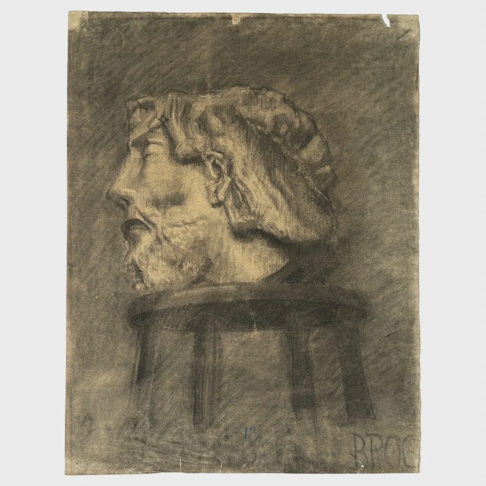 Antique French Academic Study of John the Baptist’s Head on a Stool, Signed (Charcoal on Toned Paper)