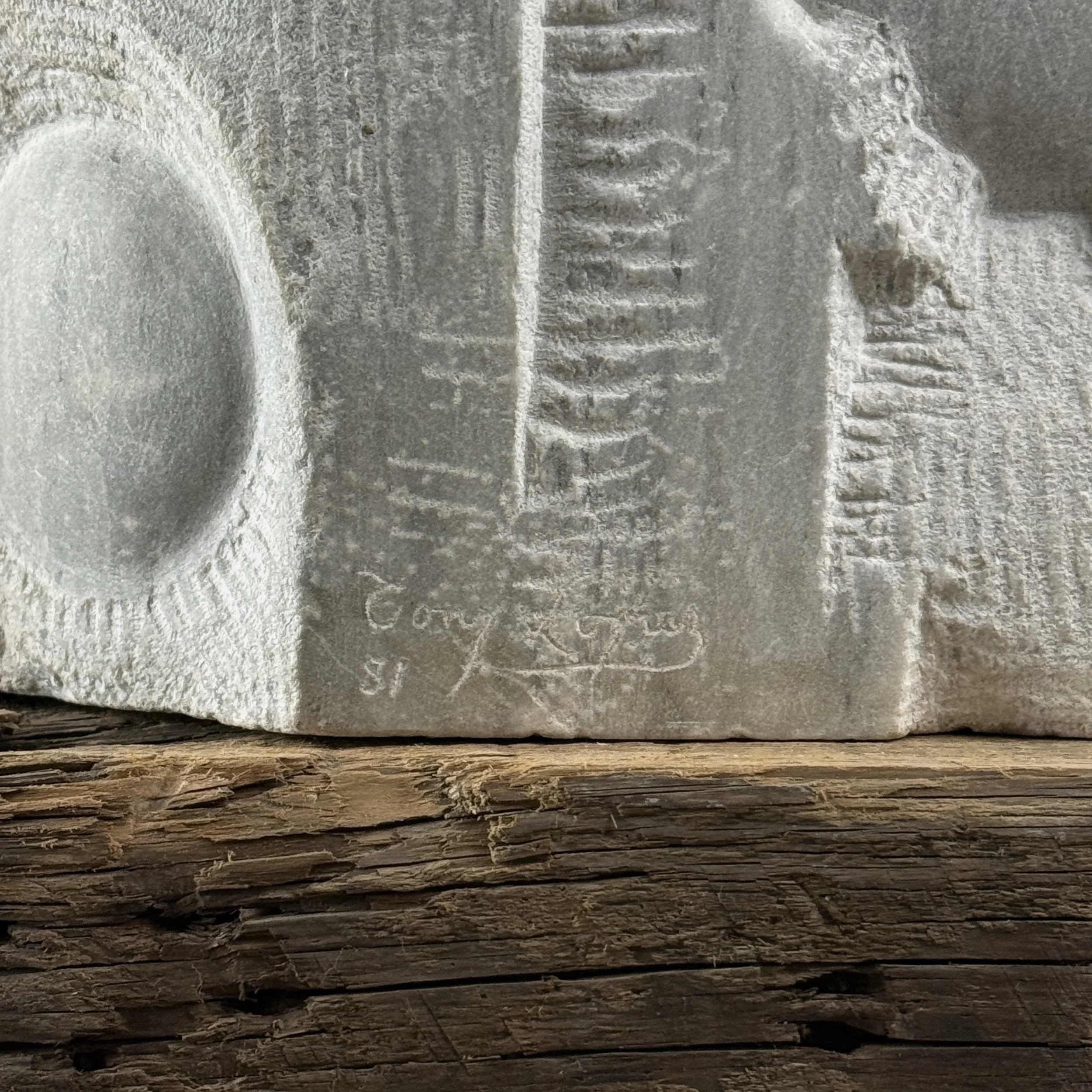 Etched and line detail, abstract marble sculpture, anthropomorphic