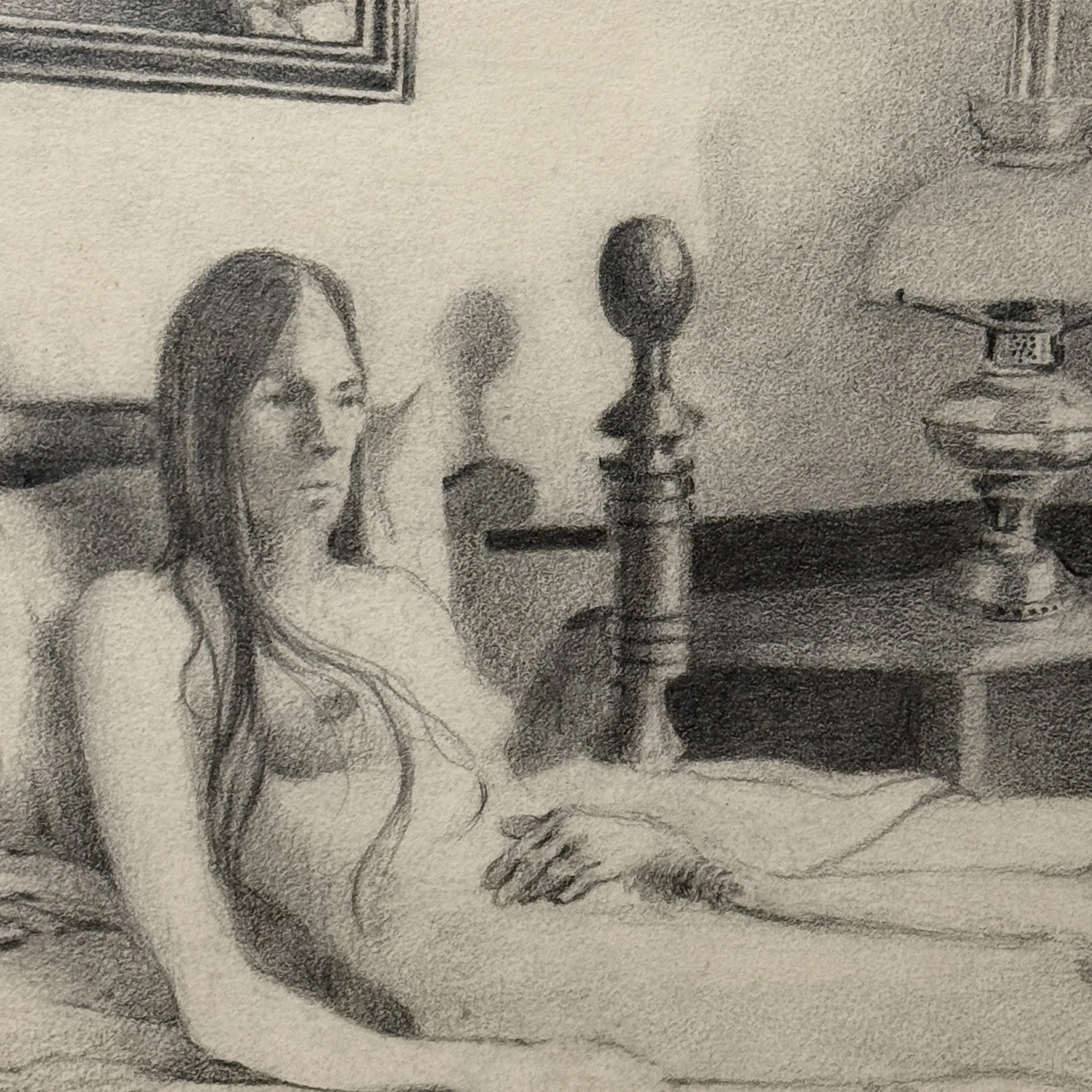 Face and upper body detail. Reclining pose. Figurative expressionism.