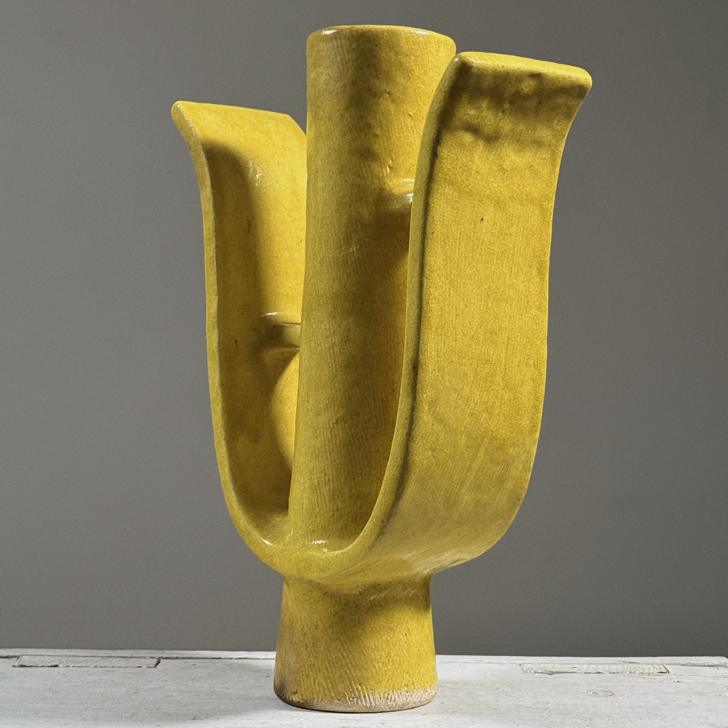 Yellow glazed ikebana vase with two wings and central cylinder, Japanese Postmodernist