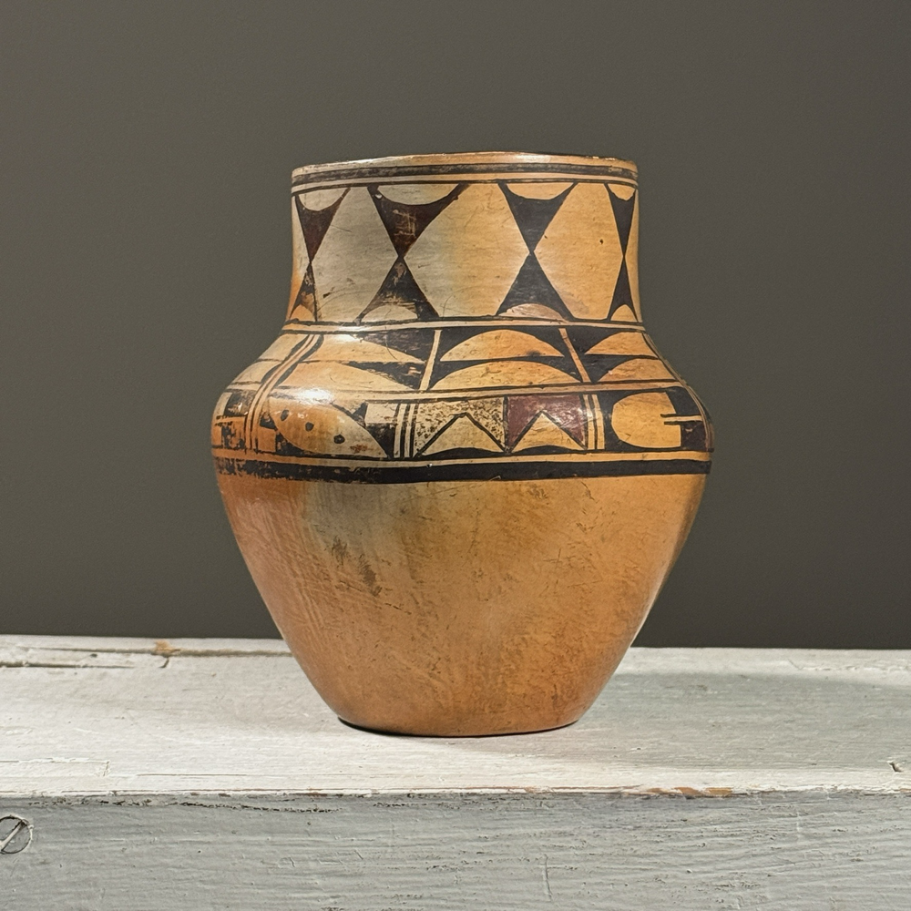 Vintage Hopi polychrome clay vessel with elongated rim, unsigned