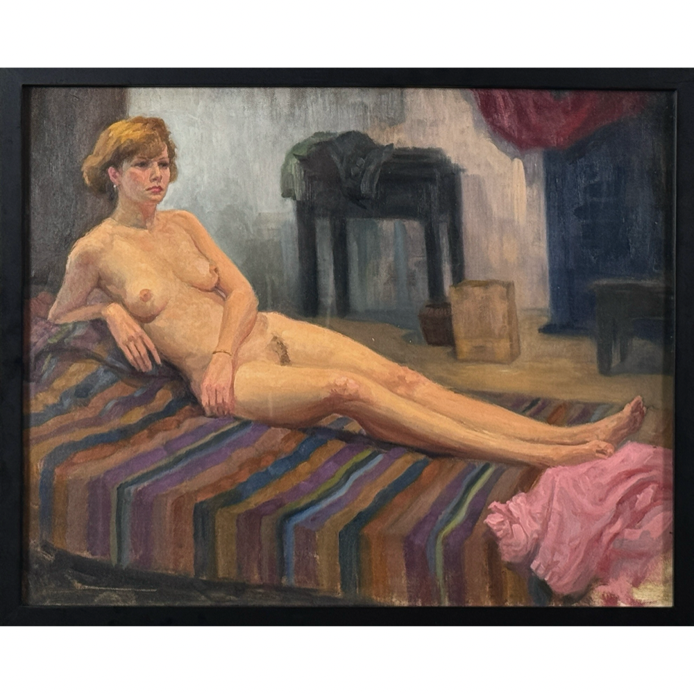 Vintage realist oil study of reclining nude woman. 21 by 17 inches framed.