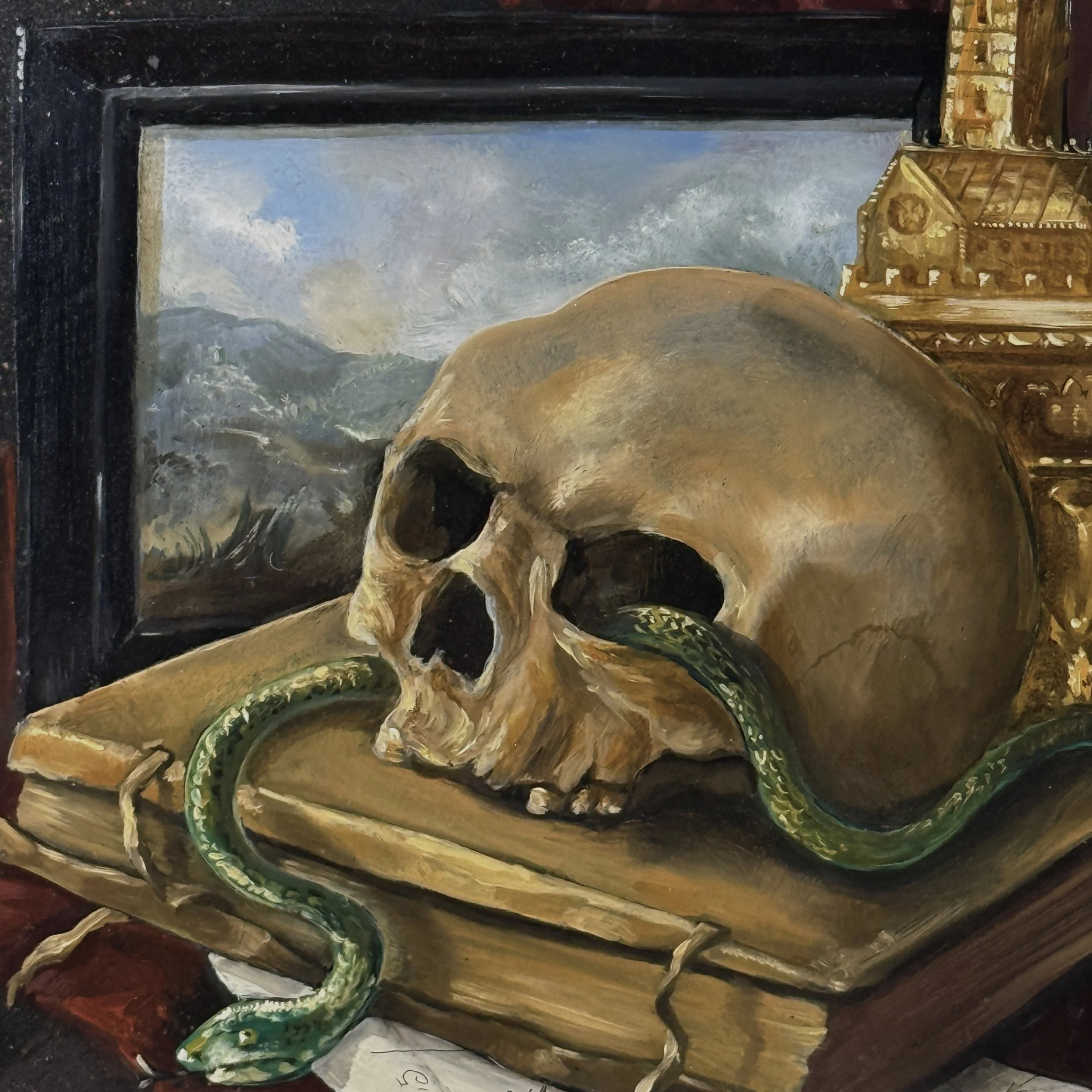 Skull detail. Vanitas motif. Memento mori. Oil on smooth copper support.