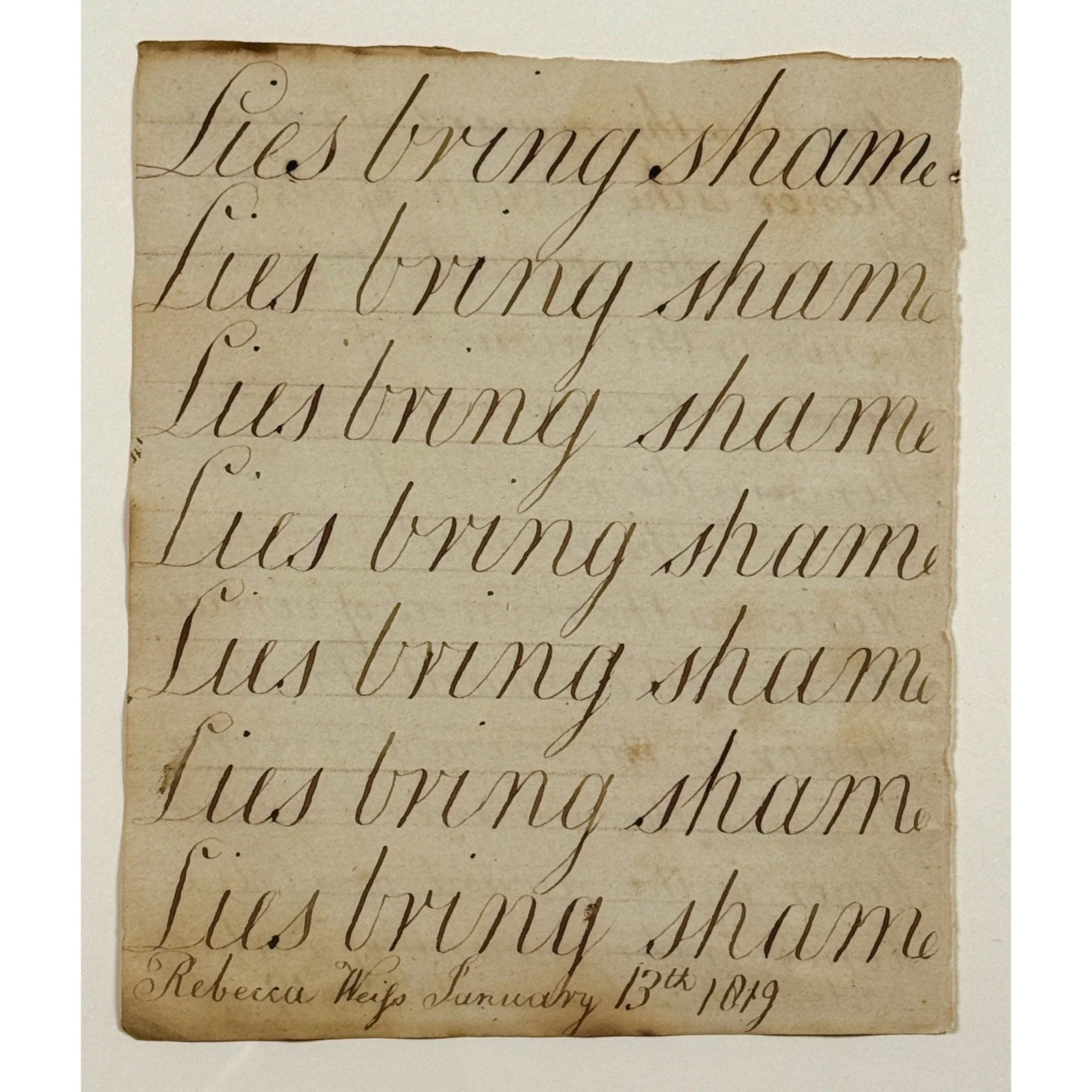 Detail of antique penmanship showing moral phrase repetition