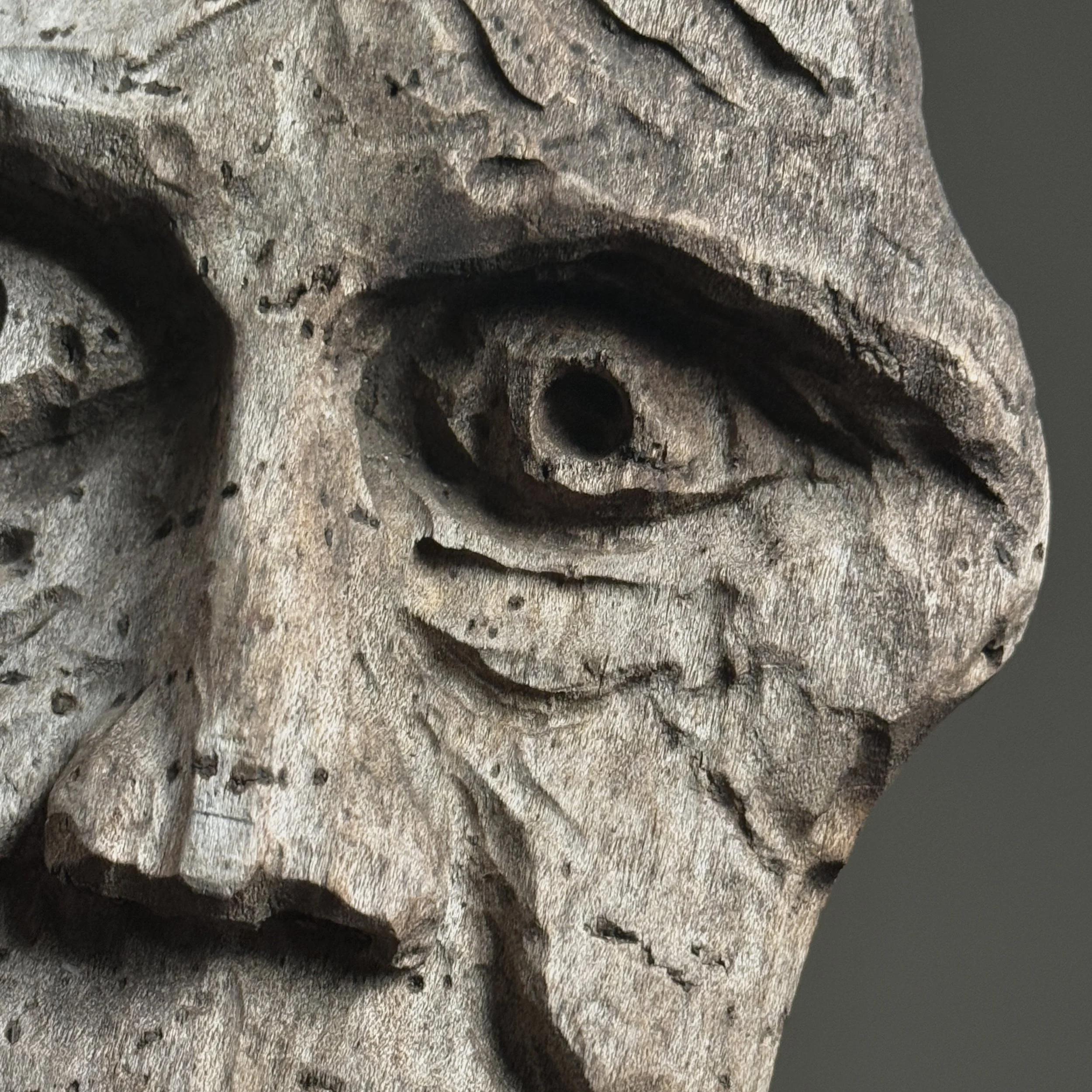 Grey washed patina detail, folk art wood sculpture