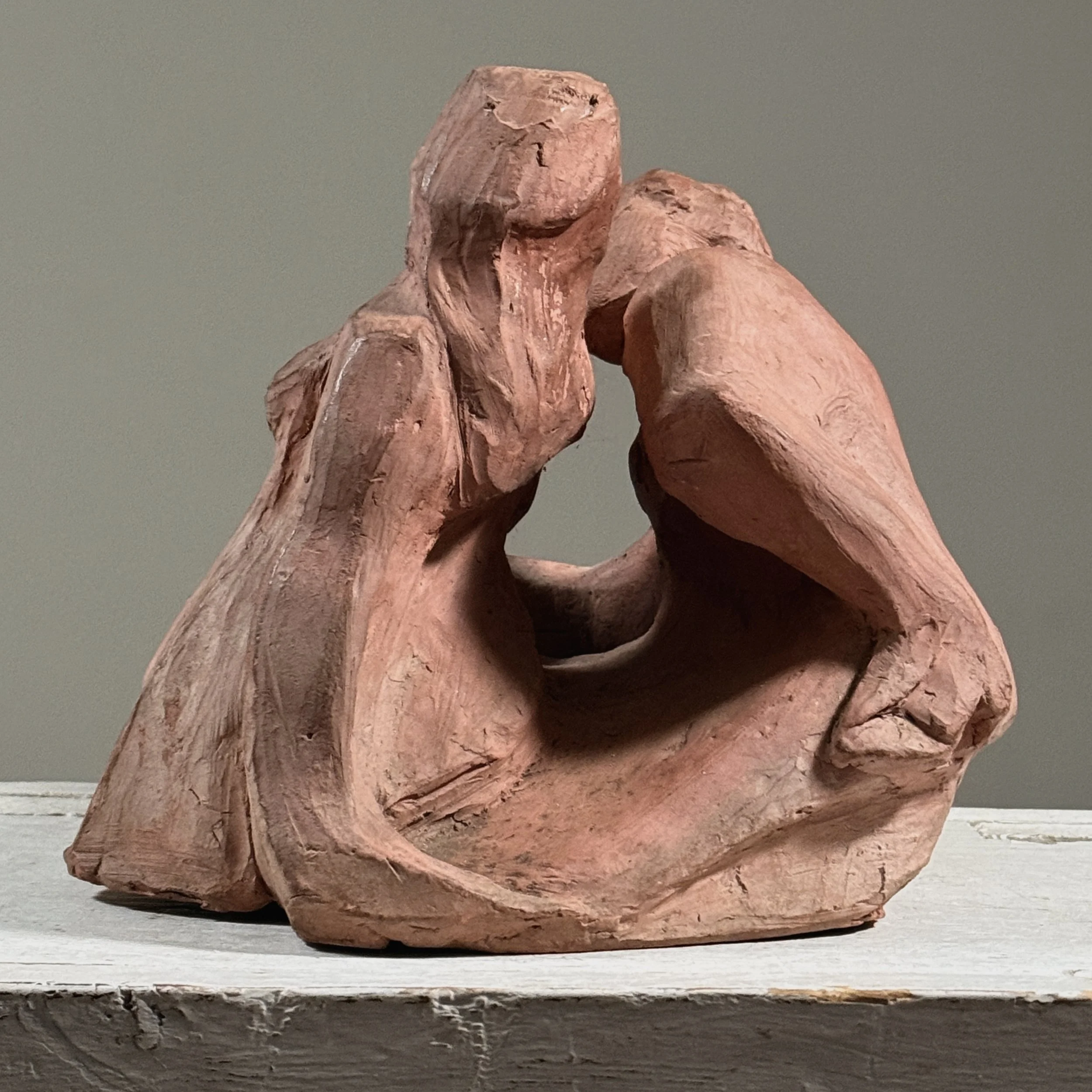 Vintage modernist figurative terracotta sculpture, two seated figures, signed