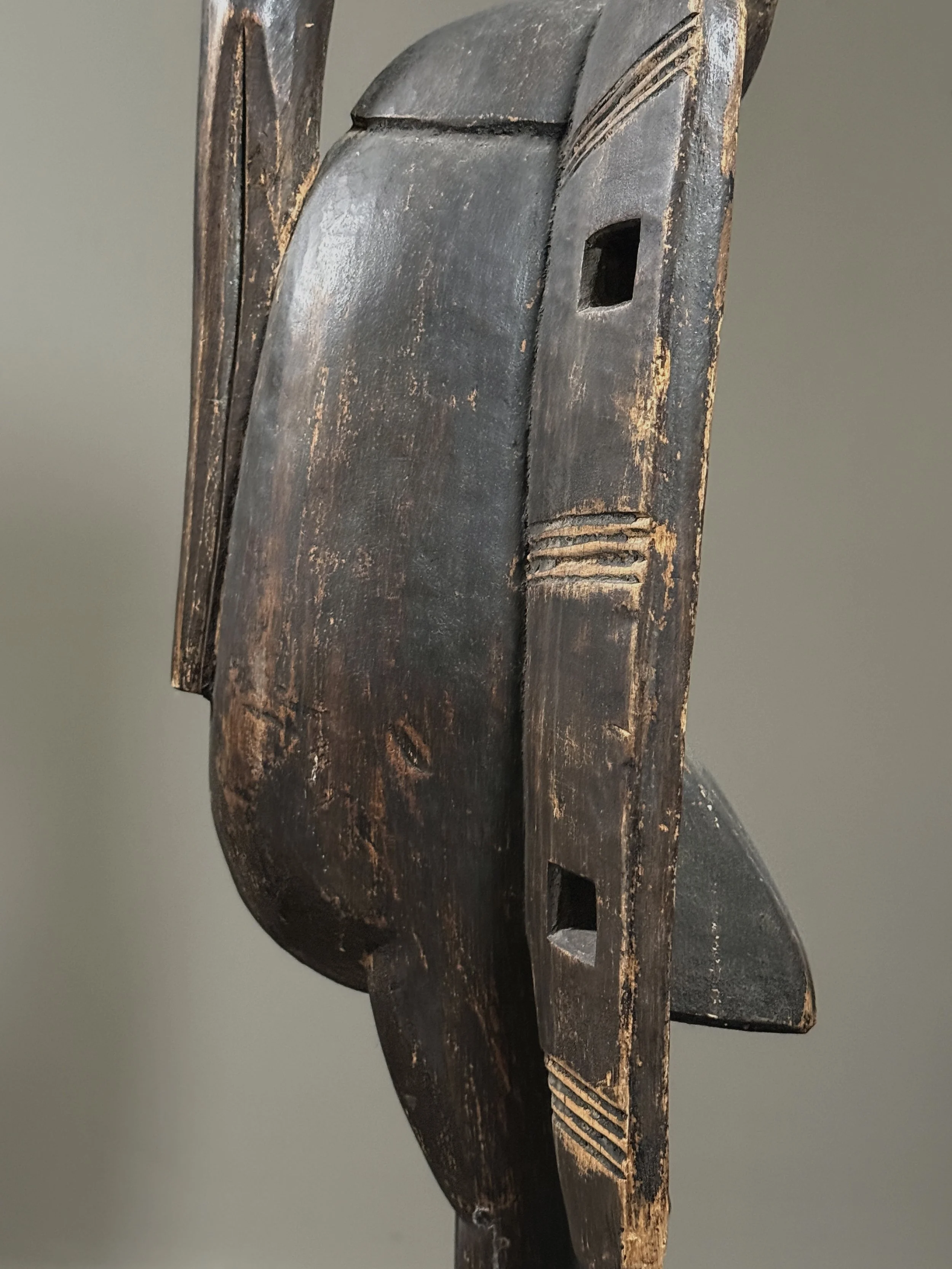 Dark wood Calao bird sculpture with outstretched wings