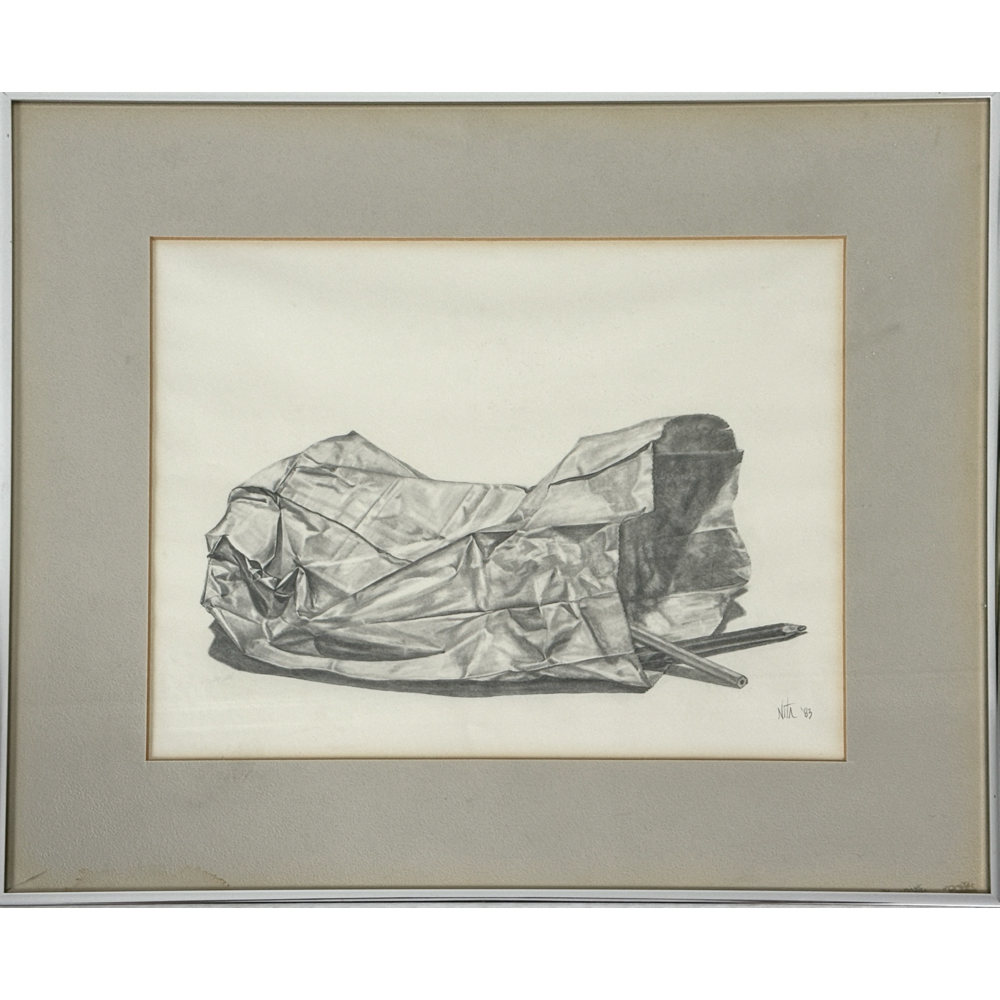 Vintage Hyperrealist drawing of a paper bag and pencils, signed