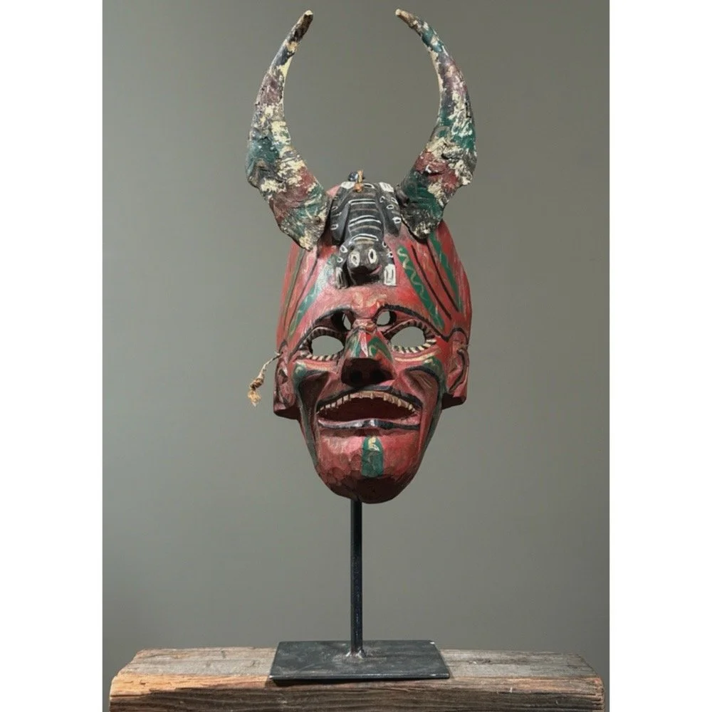 Vintage Mexican Hand Carved Polychrome Folk Art Devil Mask with Horns