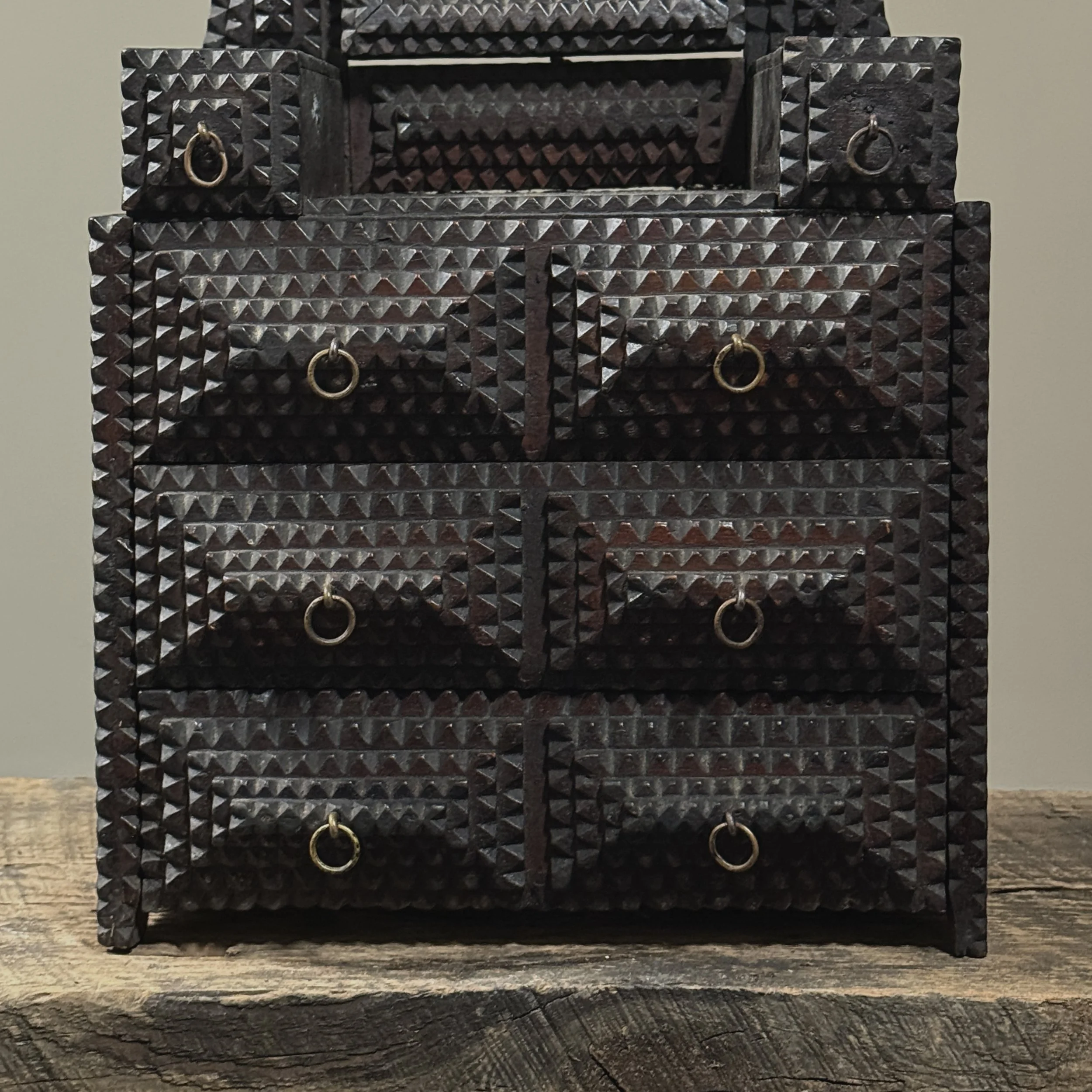 Chip carved tramp art dresser three drawer detail