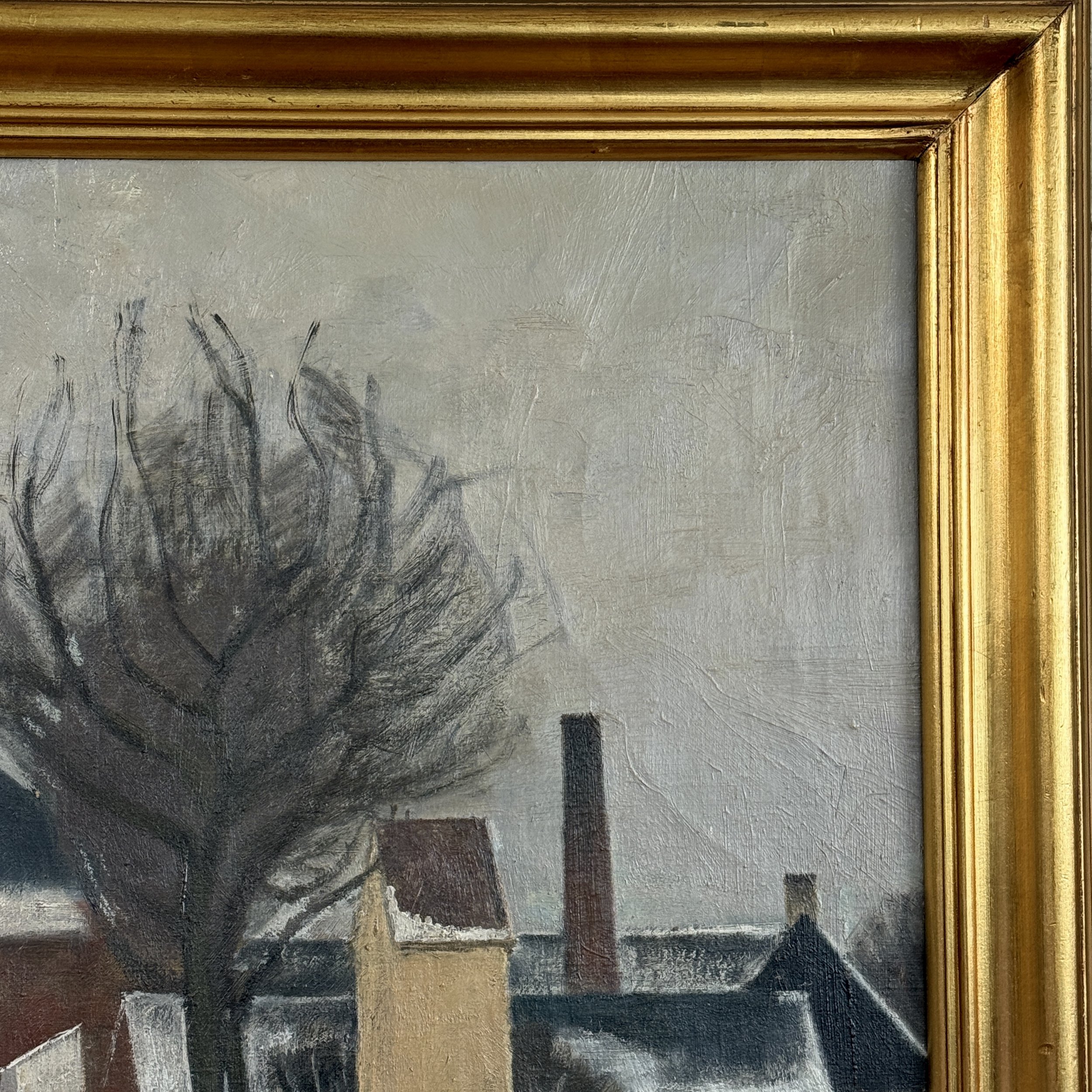Close-up detail of snow-covered cityscape of Roskilde in Ole Søndergaard winter landscape, oil on canvas, 1940