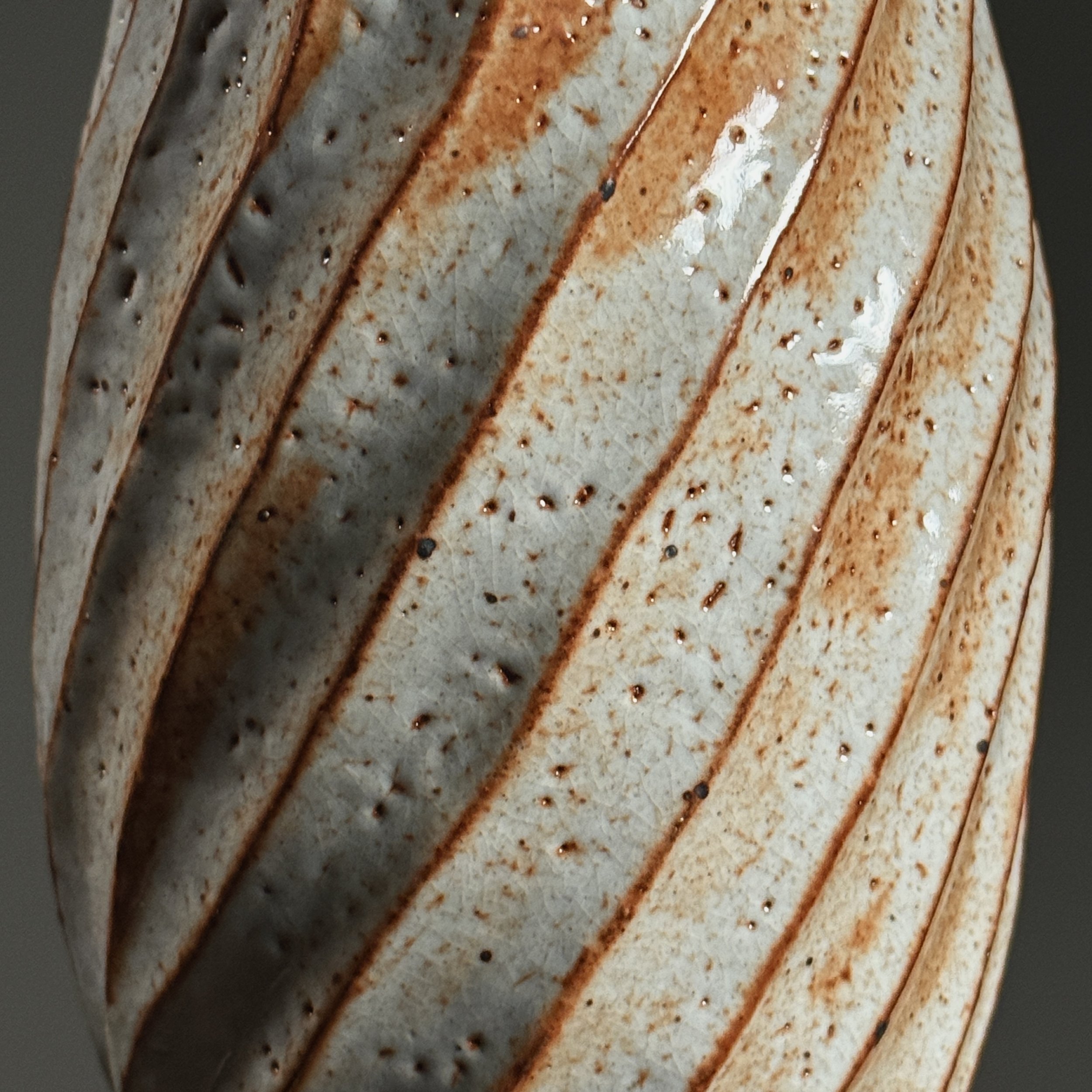 Detail of the Shino glaze surface showing thick white field.