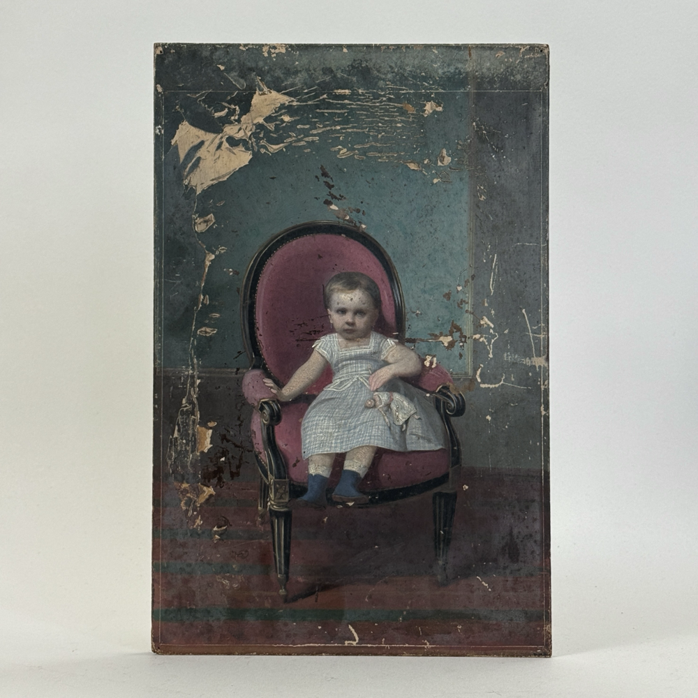 Antique French Victorian Patinated Portrait of Young Girl with Doll, Oil on Board