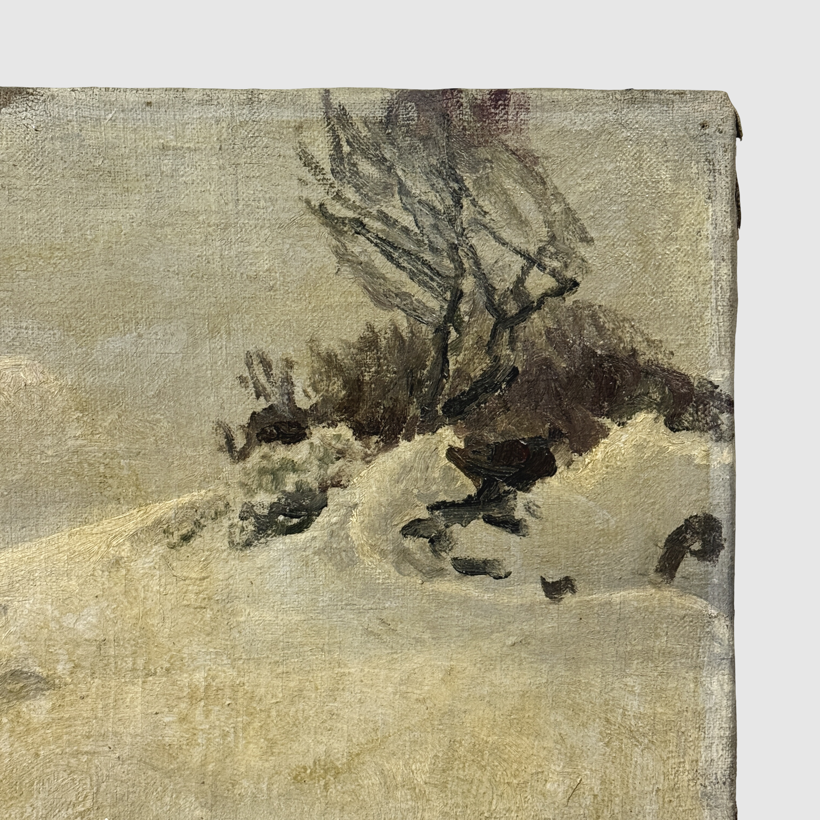 Detail of snow surface and brushwork winter landscape Danish oil on canvas
