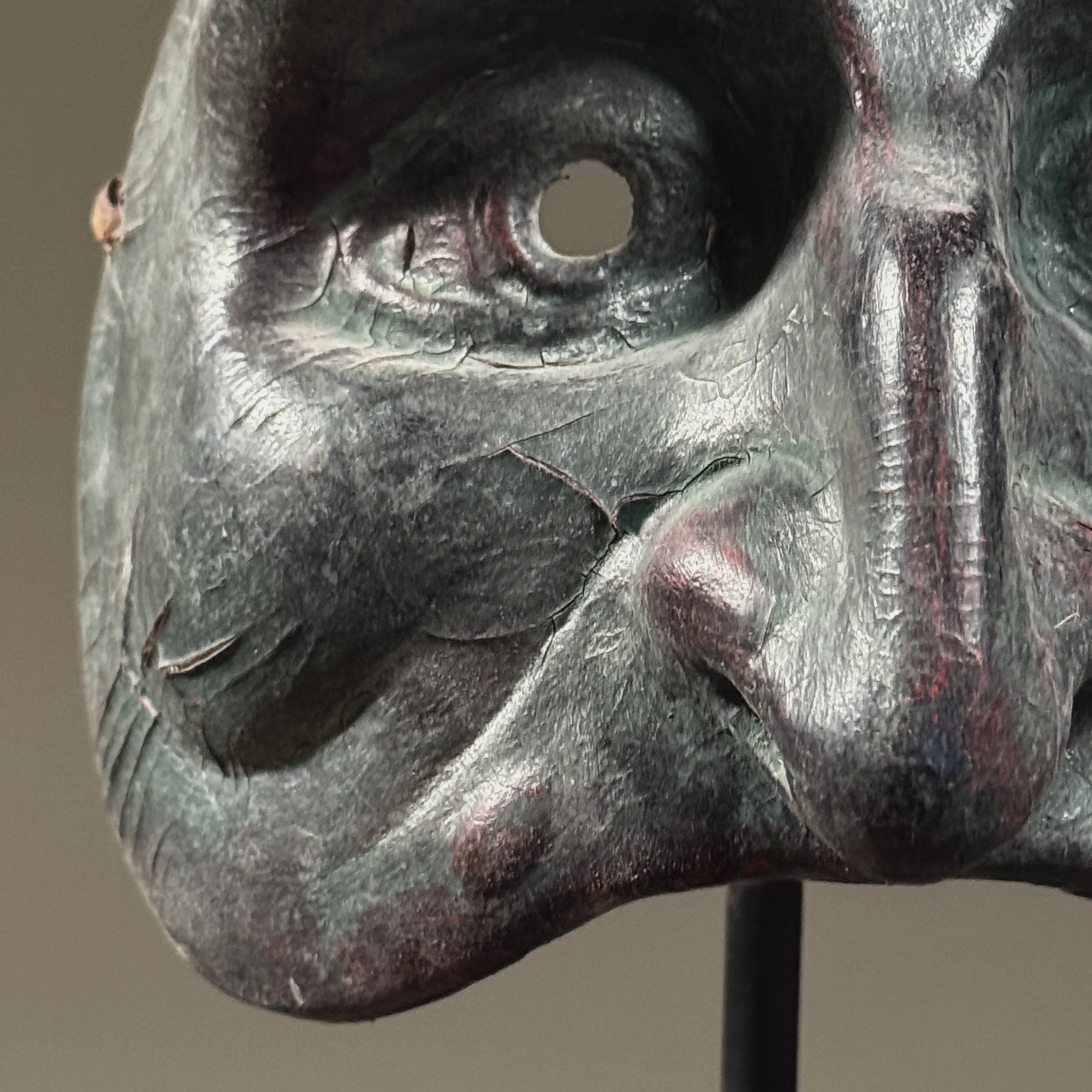 Purple veining detail. Color variations across mask surface.