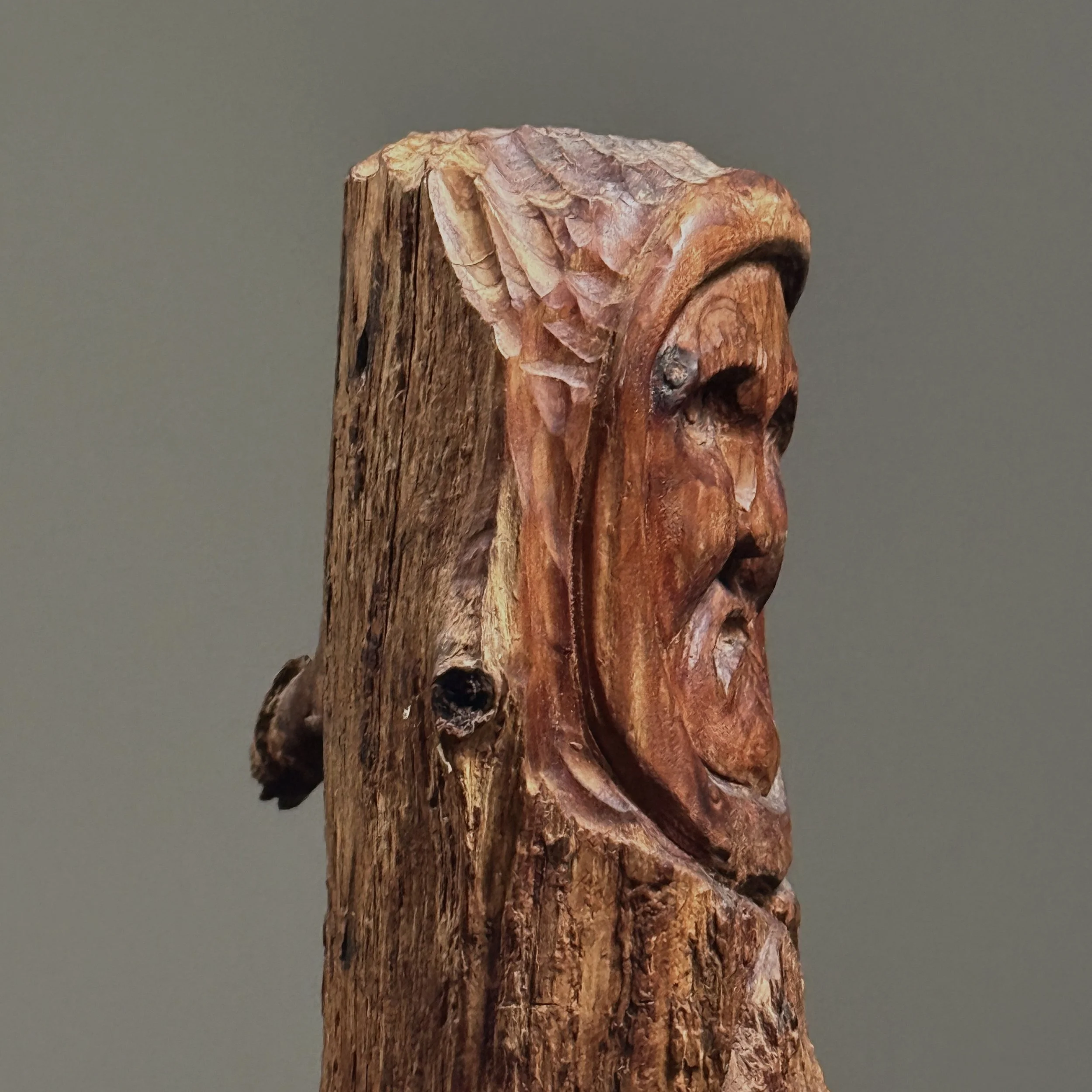 Portrait carved in tree branch, stylized visage, folk art sculpture