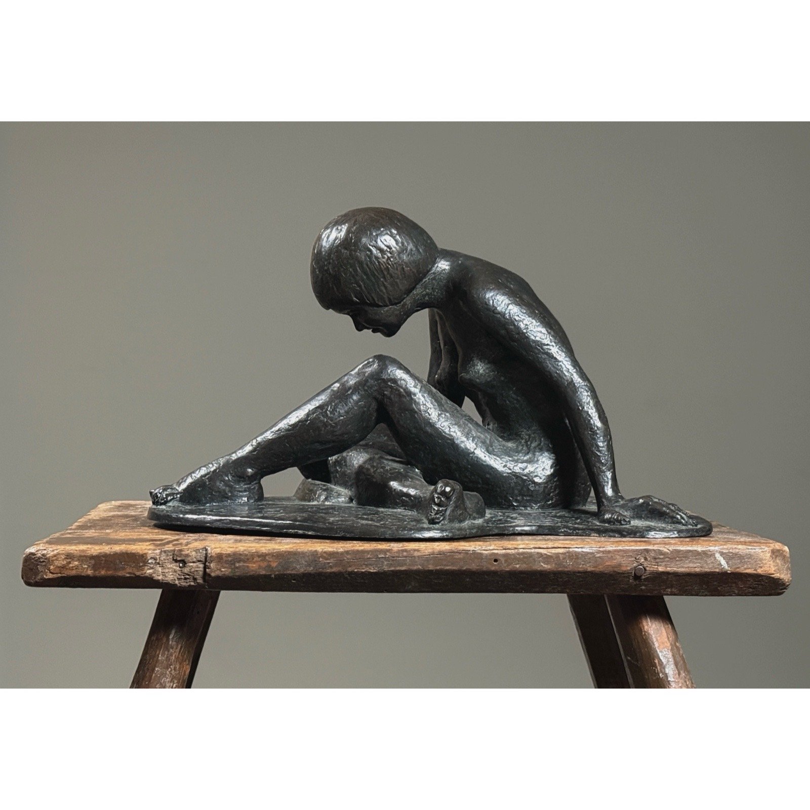 Vintage Expressionist bronze sculpture by Alma Helbig Hobson. Seated nude woman. 1993.