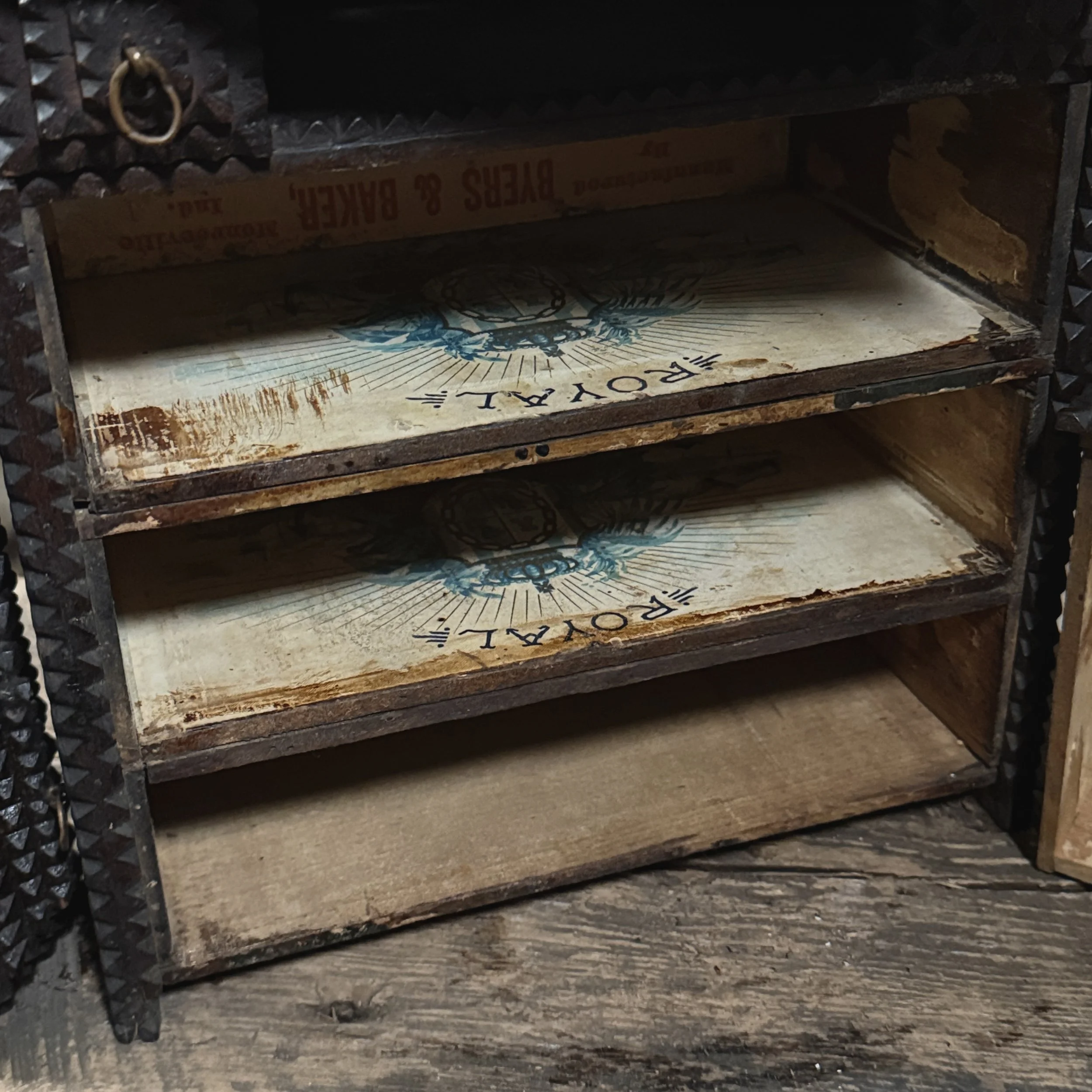Tramp art dresser original cigar box labels inside drawers