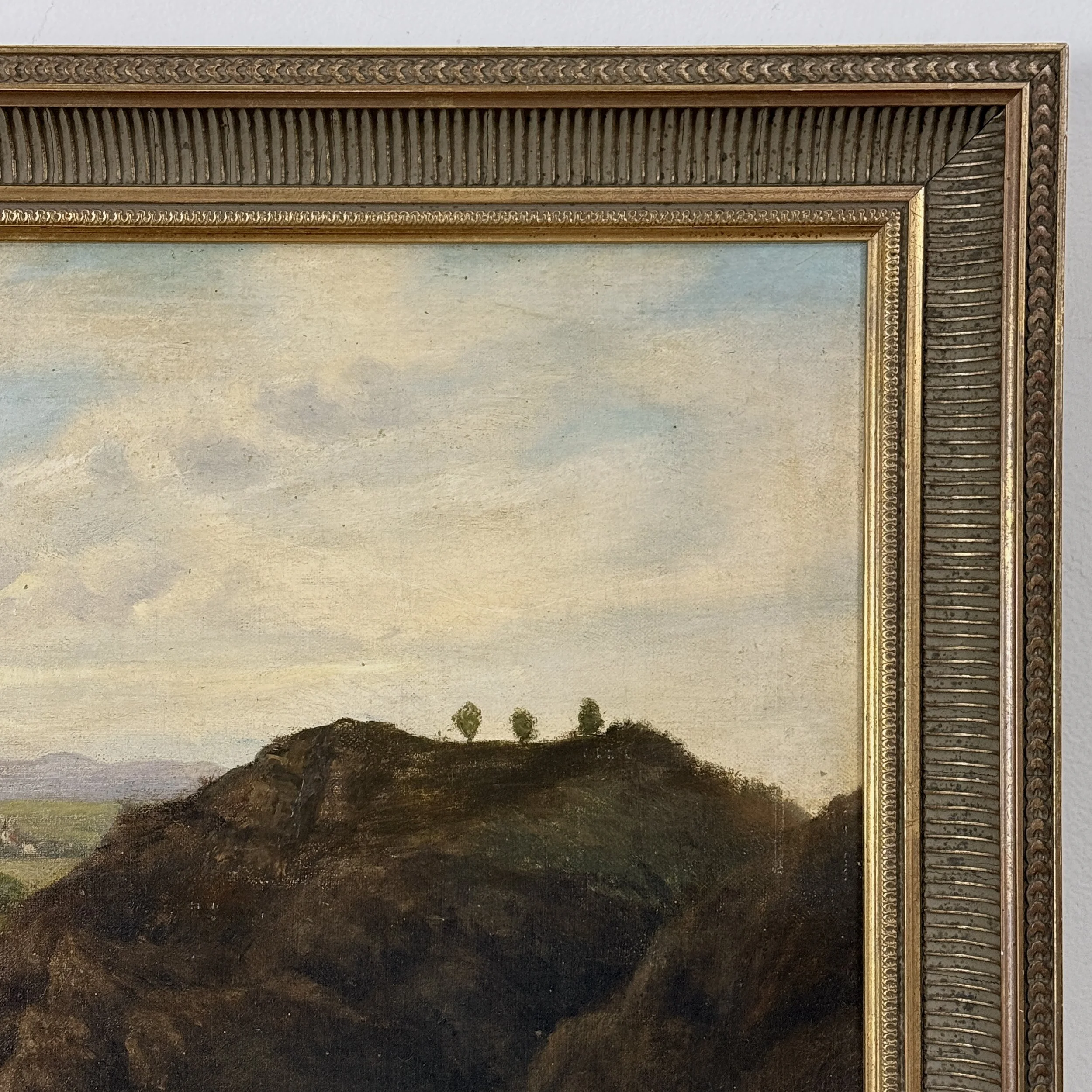 Antique Hudson River School mountainous landscape with river, oil on canvas