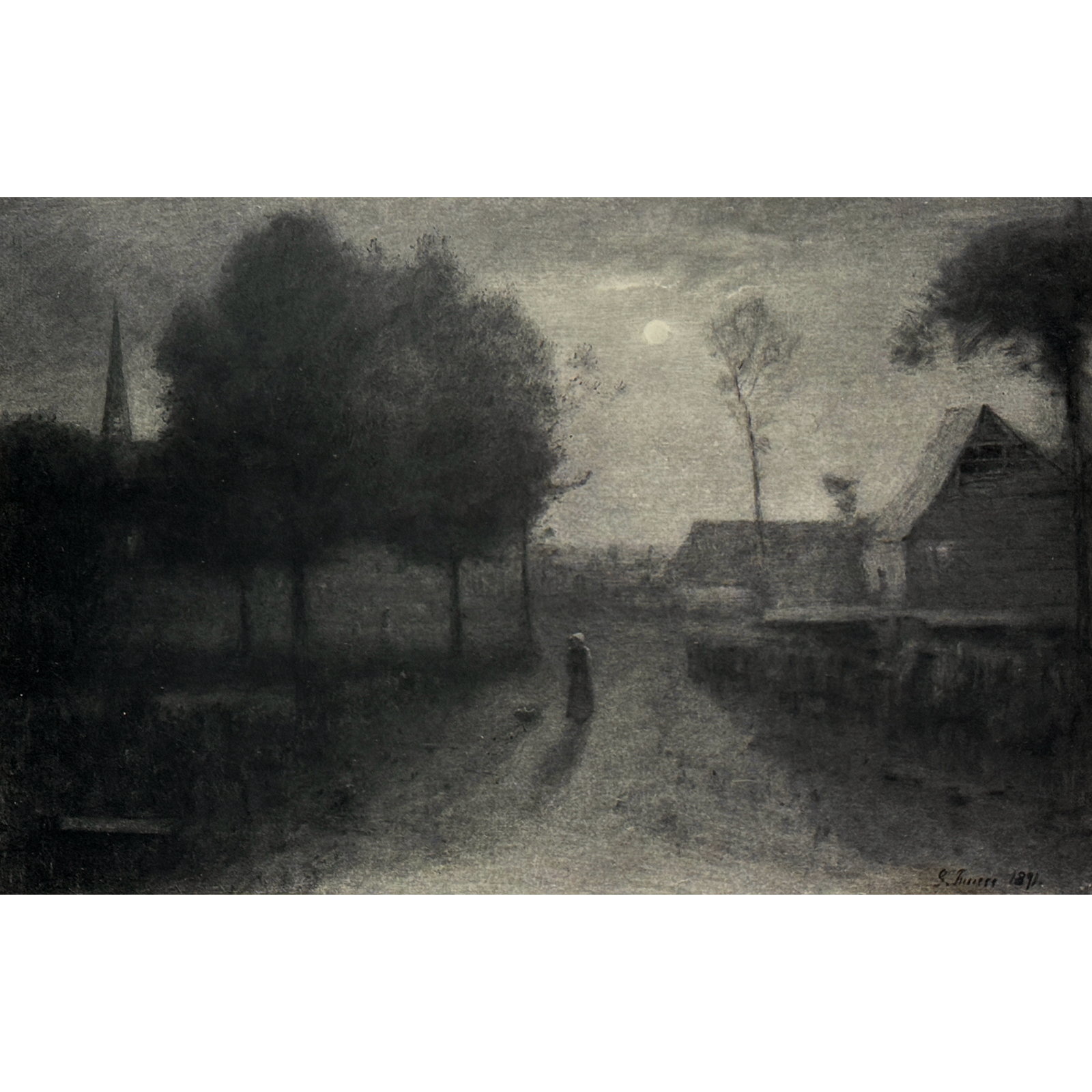 George Inness "Nine O'Clock" original engraving, 19th century Victorian frame