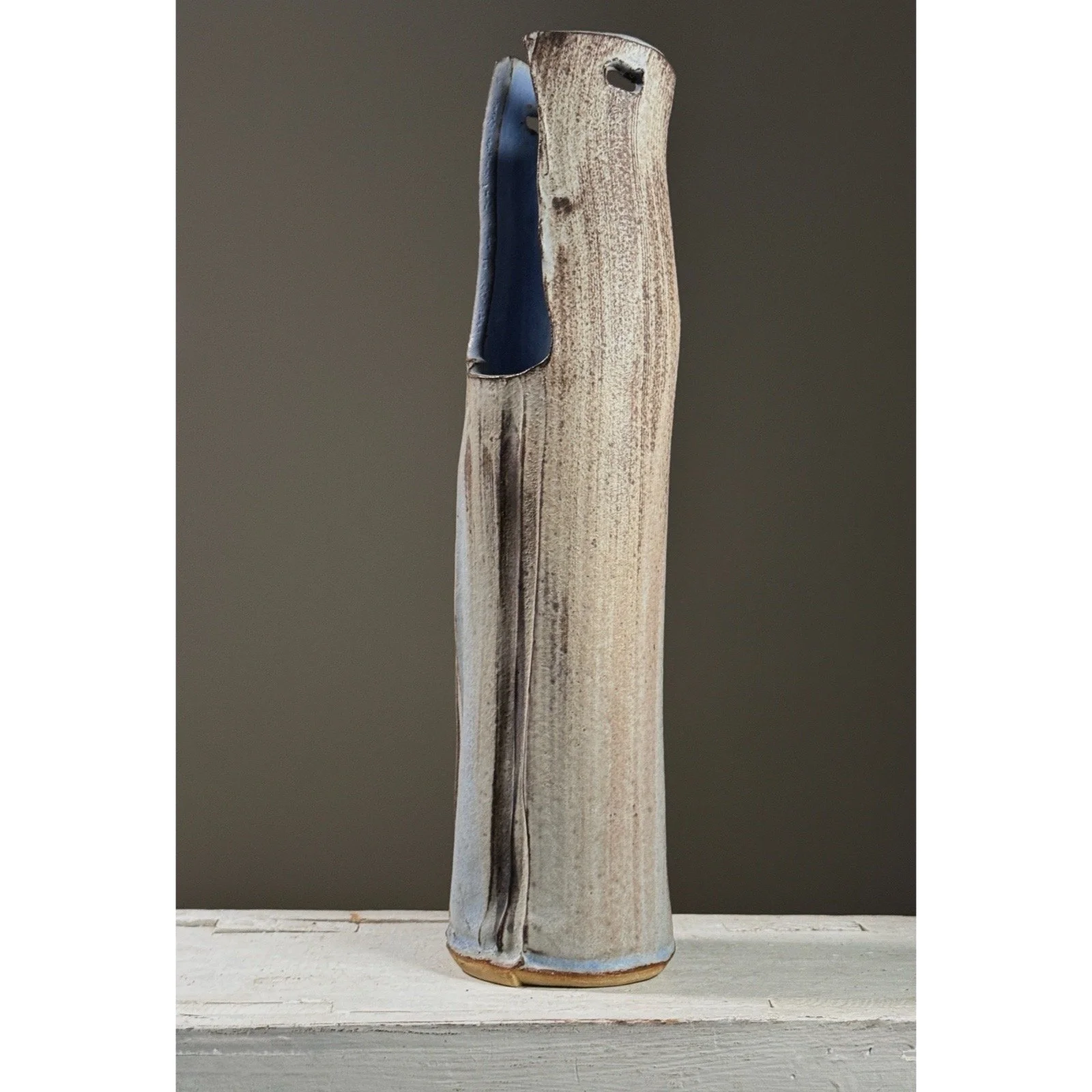 Full frontal view of a large vintage wood-fired ikebana vase by Seiko Kato Behr