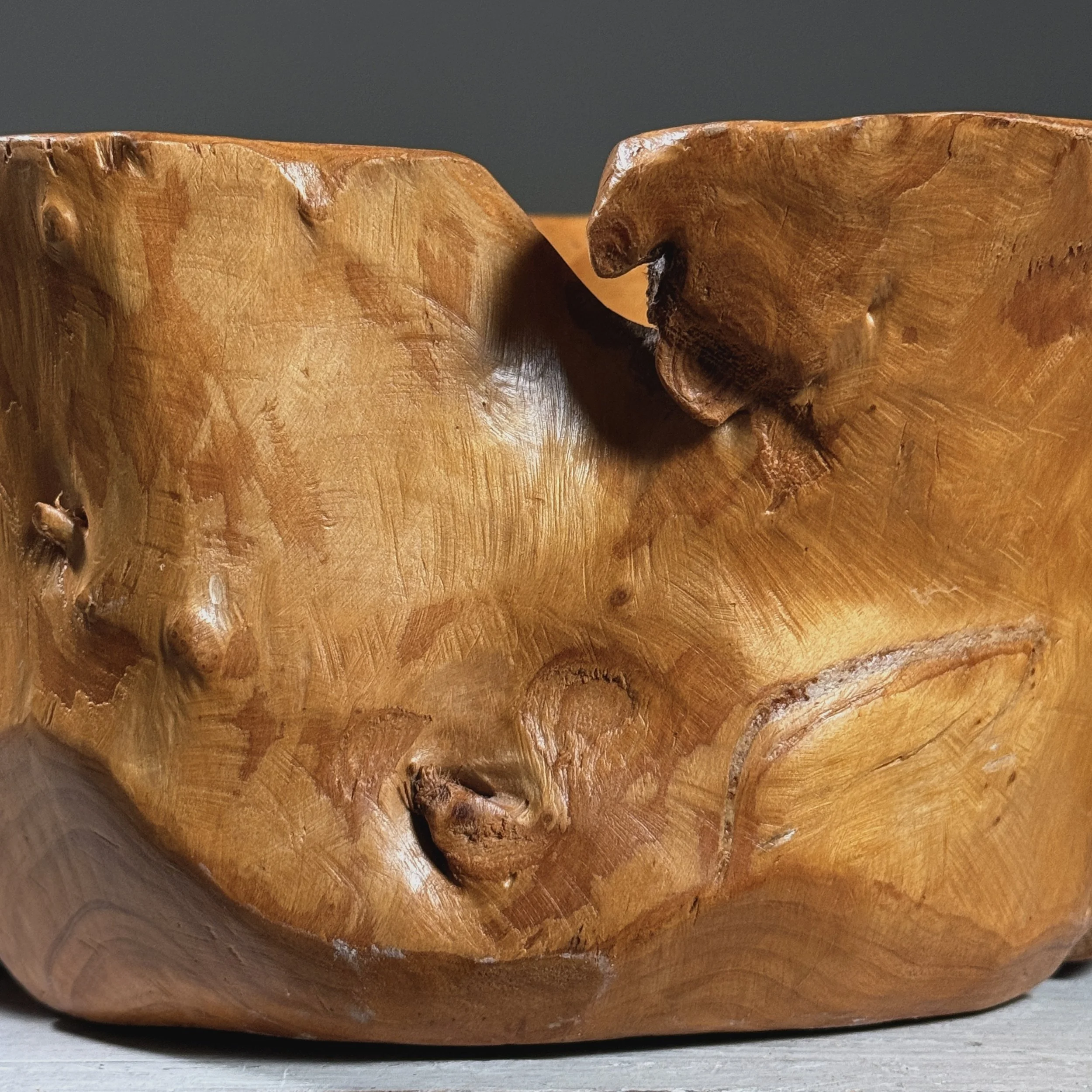 Close-up detail of the live edge exterior preserving the original bark and root texture