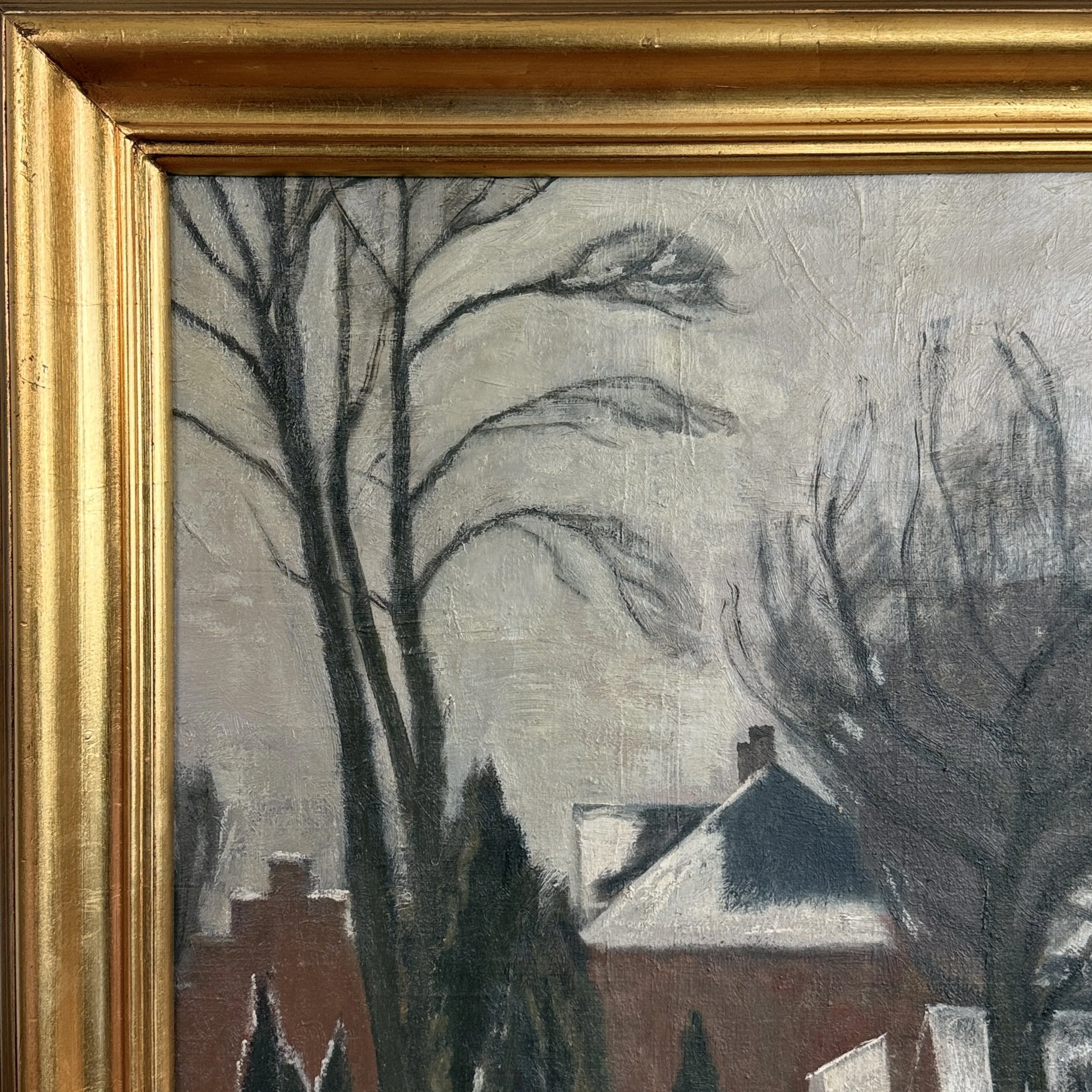 Close-up detail of snow-covered cityscape of Roskilde in Ole Søndergaard winter landscape, oil on canvas, 1940
