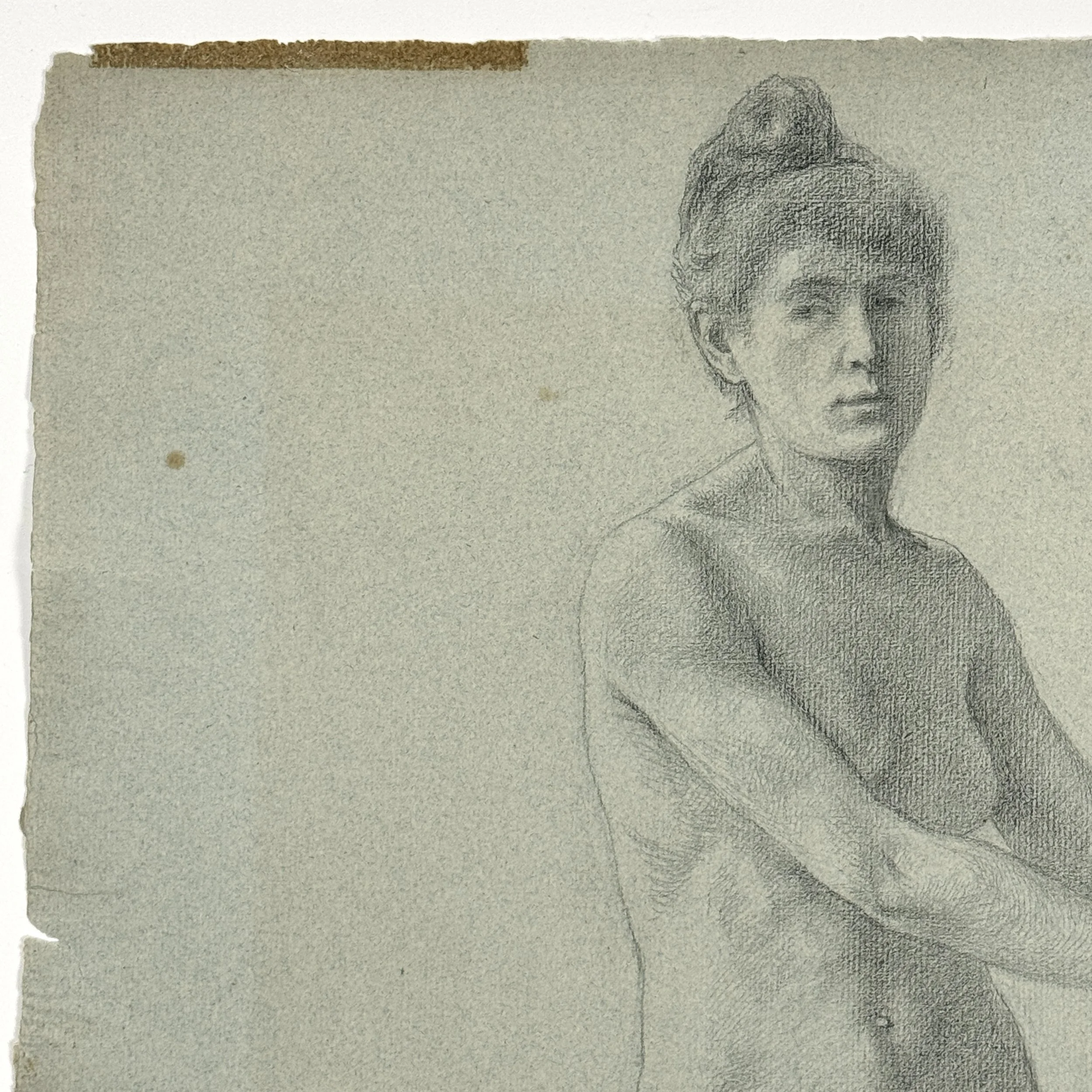 Detail of the figure’s bun hairstyle and upper torso in neoclassical female nude by Faber