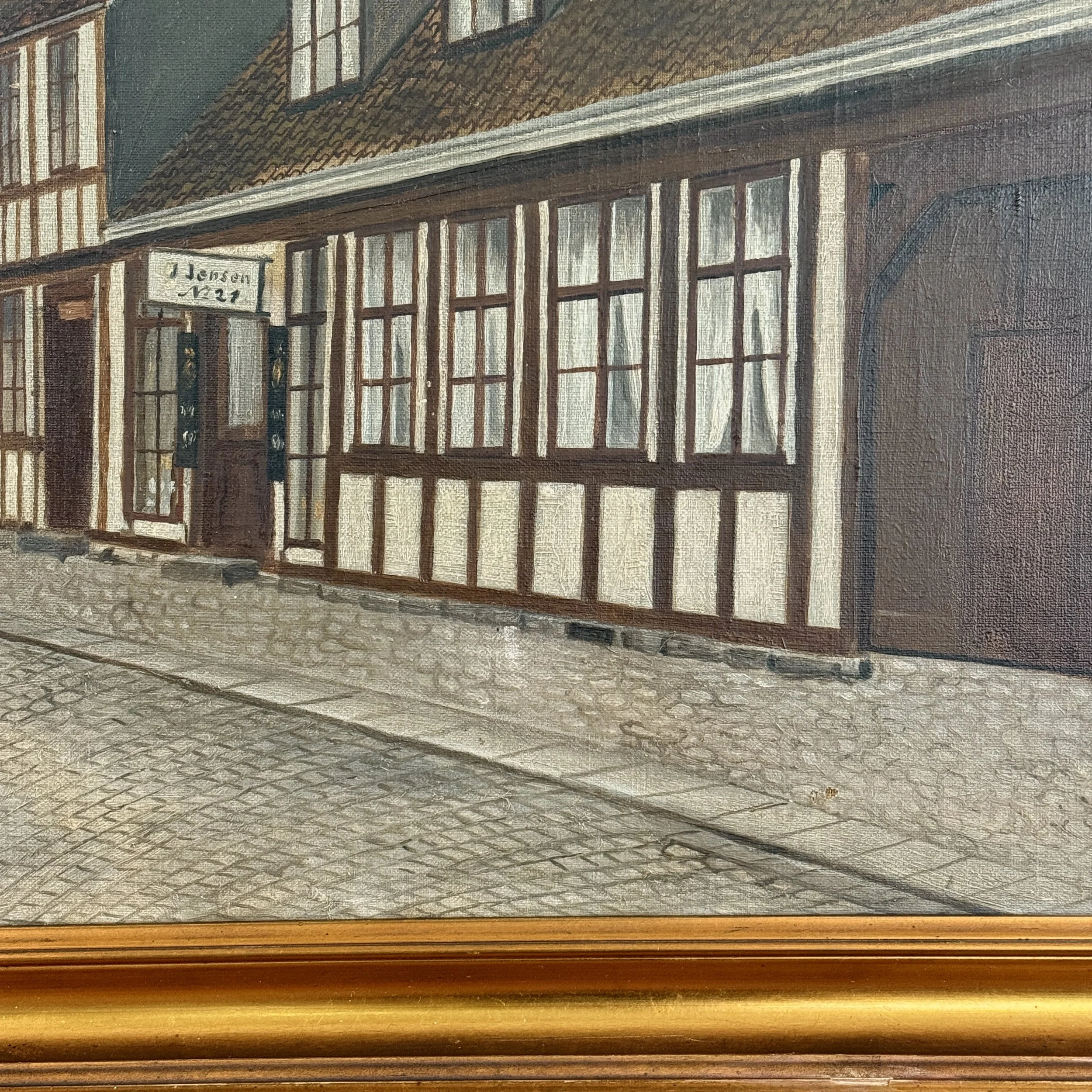 Detail view of street and architecture in antique Danish Folk Art cityscape, oil on canvas