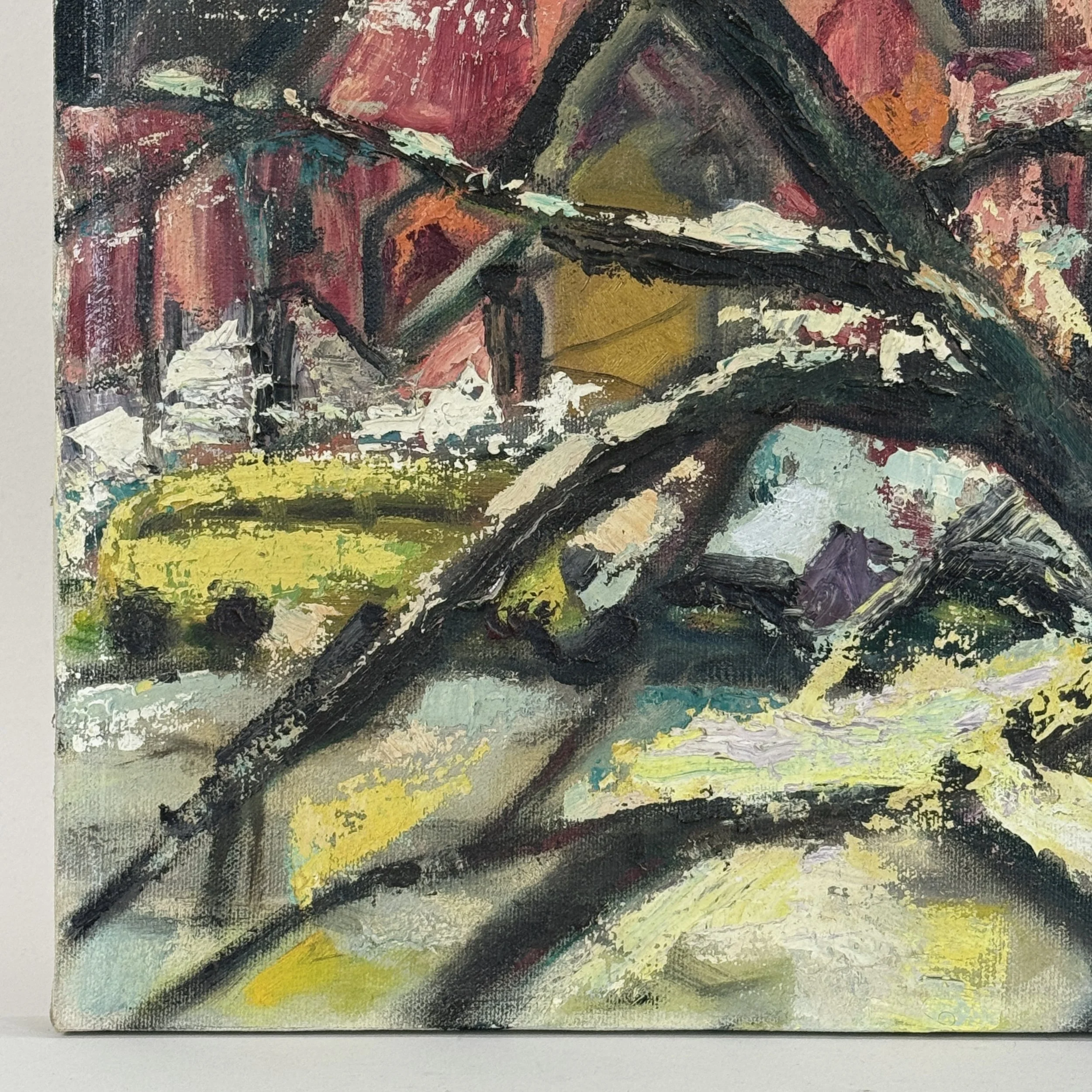 Canvas edge. Unframed. Canvas support visible.