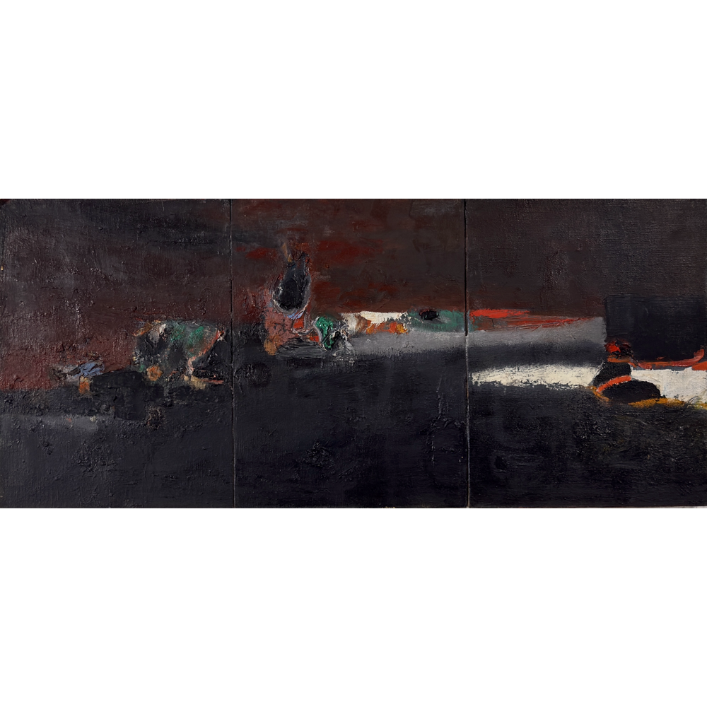Norman Rubington abstract triptych in black, 1970, oil on canvas, signed
