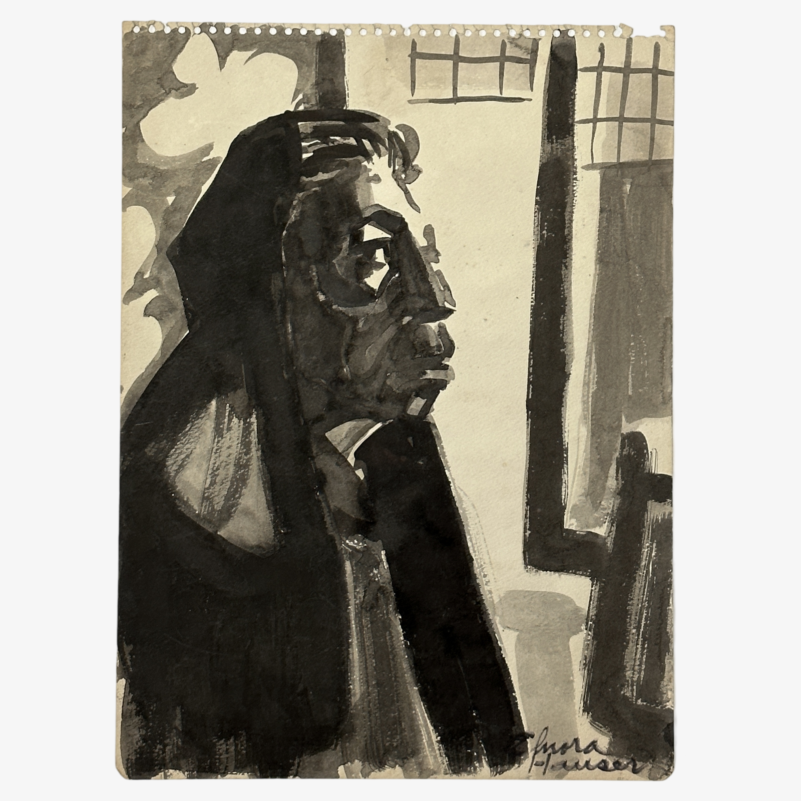 Elnora Hauser - Vintage Watercolor Expressionist Portrait of Woman, Signed (c. 1945, Watercolor on Toned Paper)