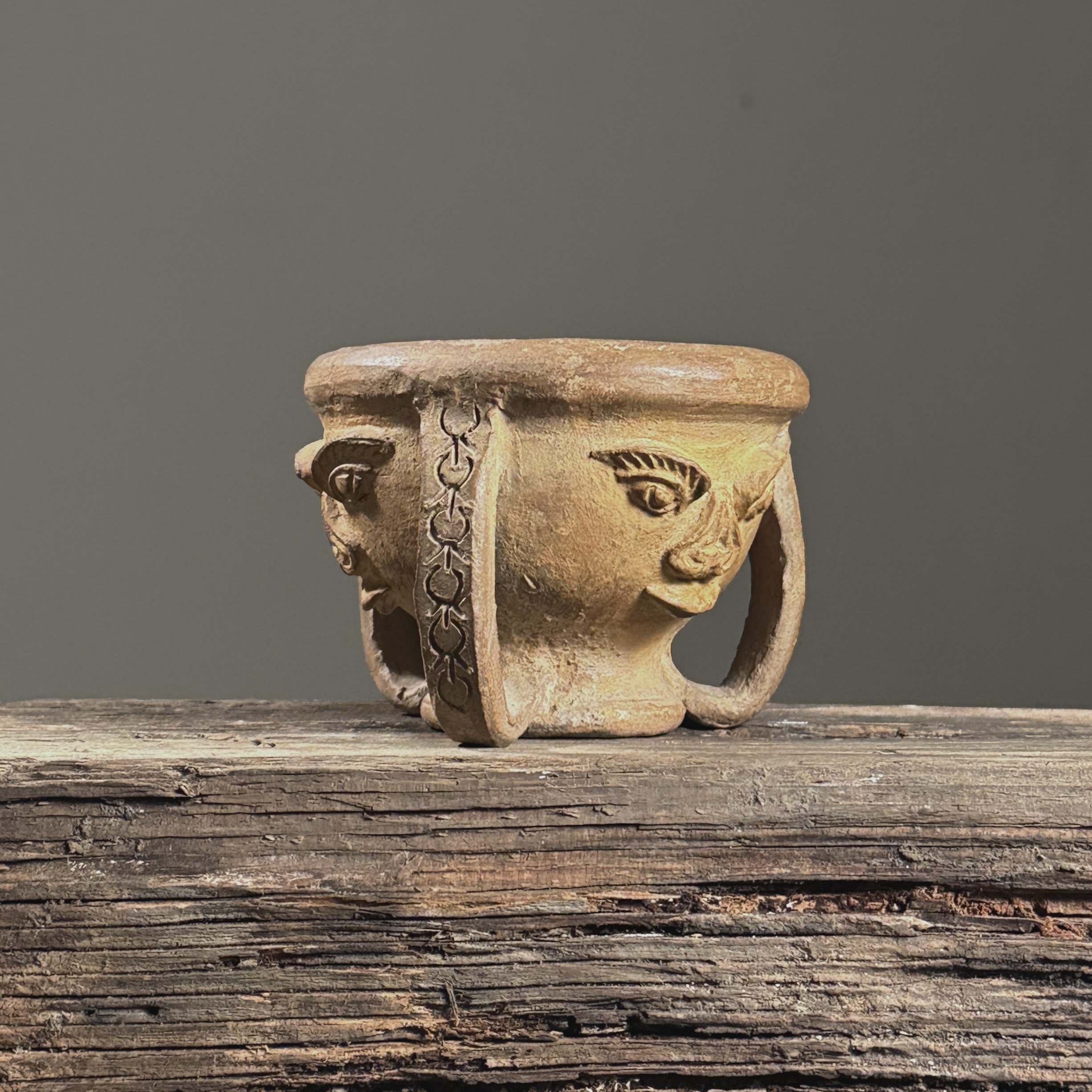 Vintage folk art hand built clay portrait bowl. 3 inches height by 4.25 inches diameter.