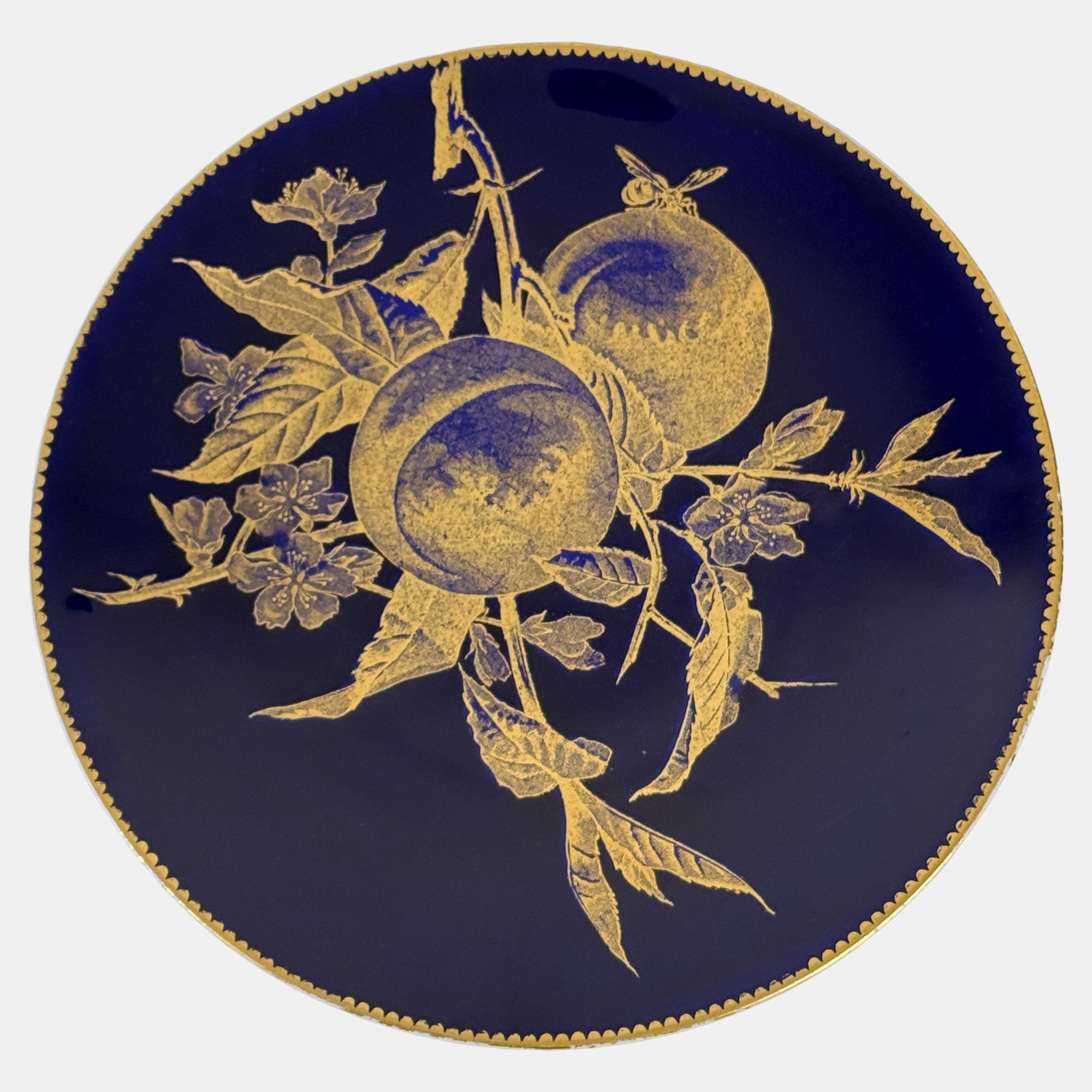 Pair of Brownfield English porcelain Aesthetic period plates, cobalt and gold, chestnut and peach motifs