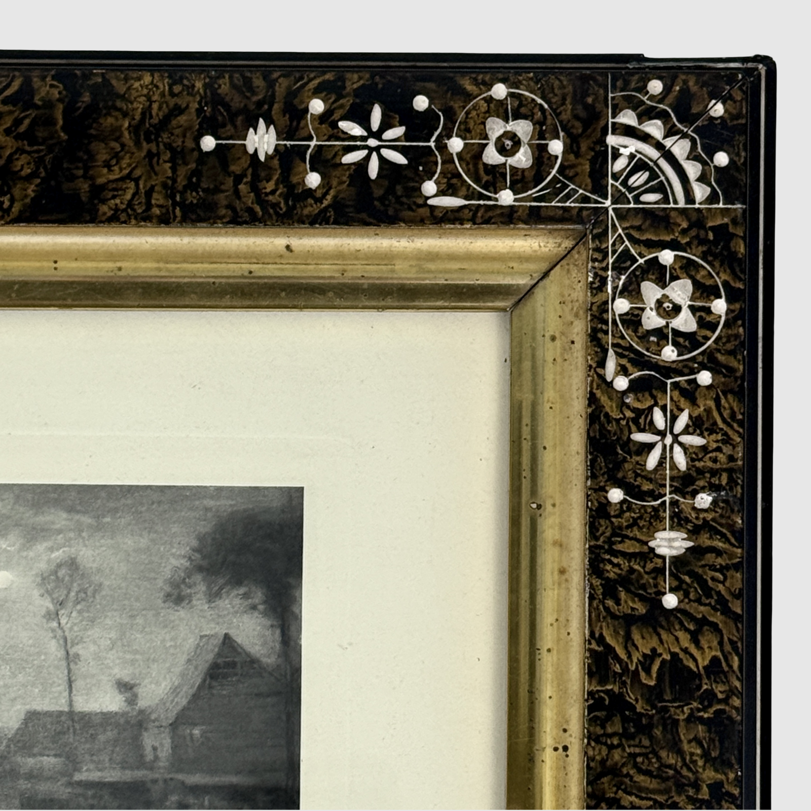 Victorian frame with etched floral motif, stepped gilt trim, Inness engraving