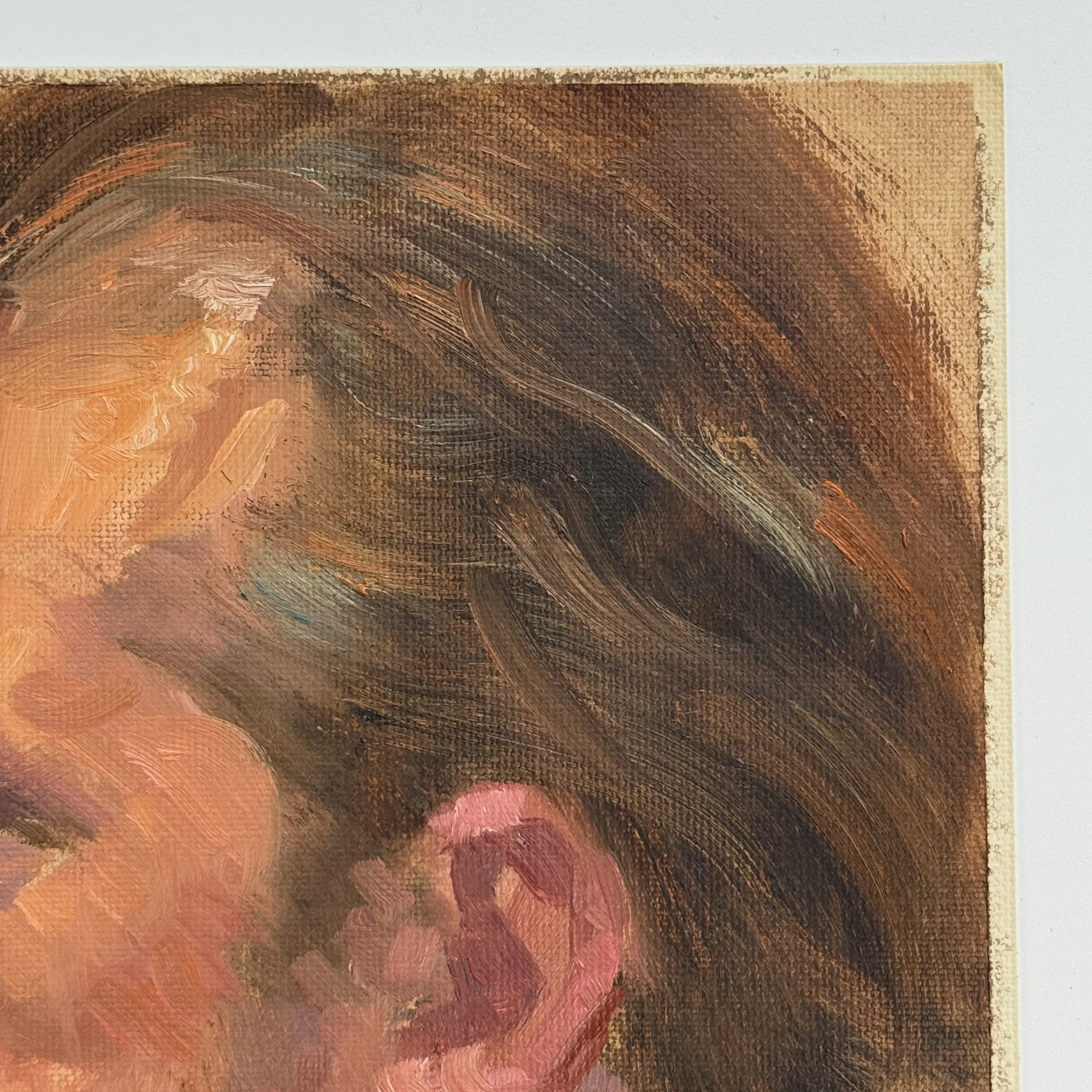 Unframed 1970s realist portrait of a man with beard, oil on canvas paper.