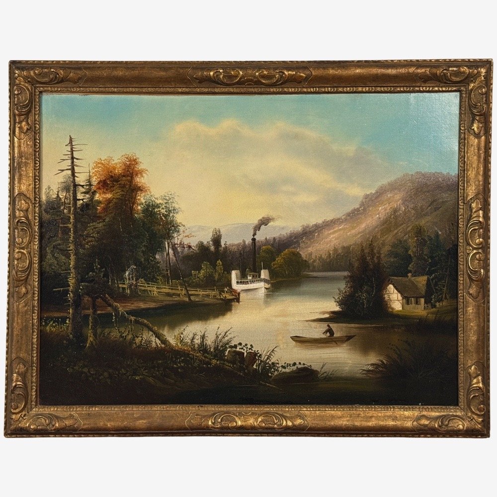 Full frontal view of an antique American folk art oil painting depicting a river landscape with steamboat and rowboat