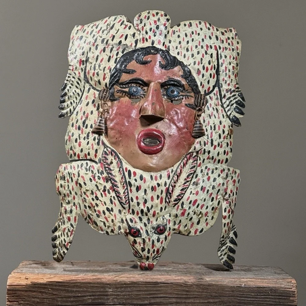 Antique Guerrero folk art rabbit woman mask in polychrome copper