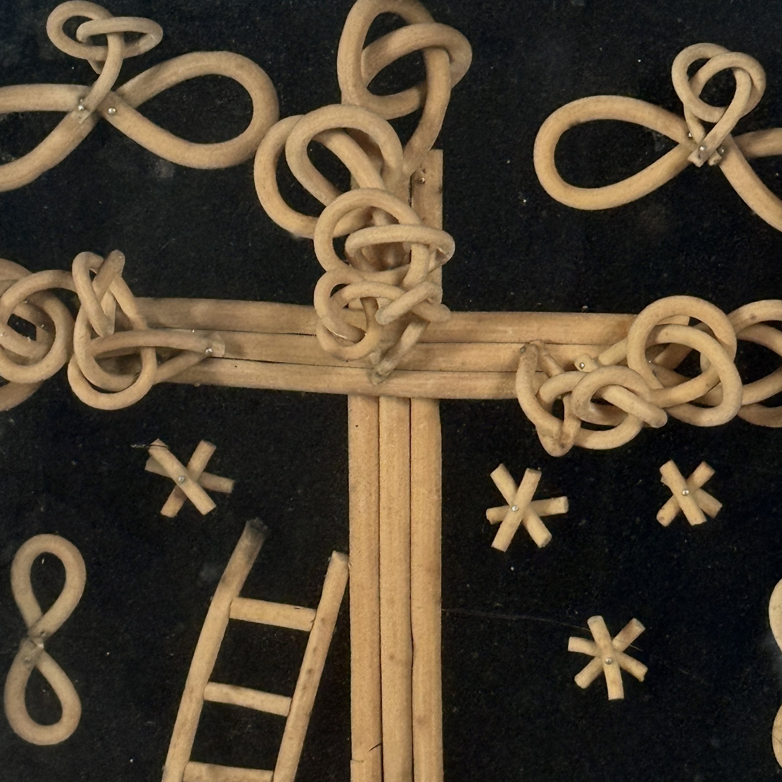 Antique folk art bentwood crucifix diorama shadowbox, framed